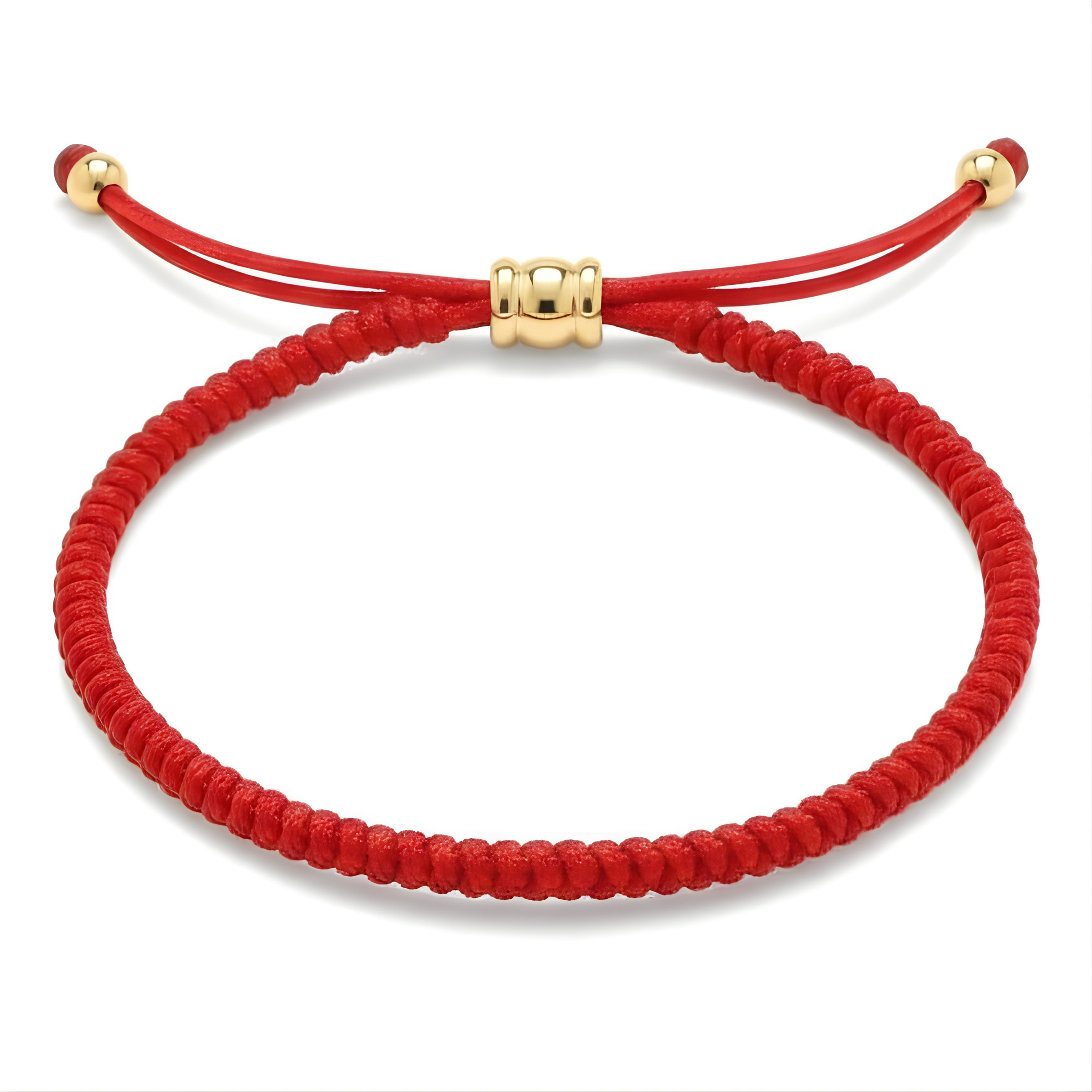Jewelry: Bright red braided string bracelet with an adjustable design, featuring a central gold-toned barrel bead and two smaller gold beads securing the ends