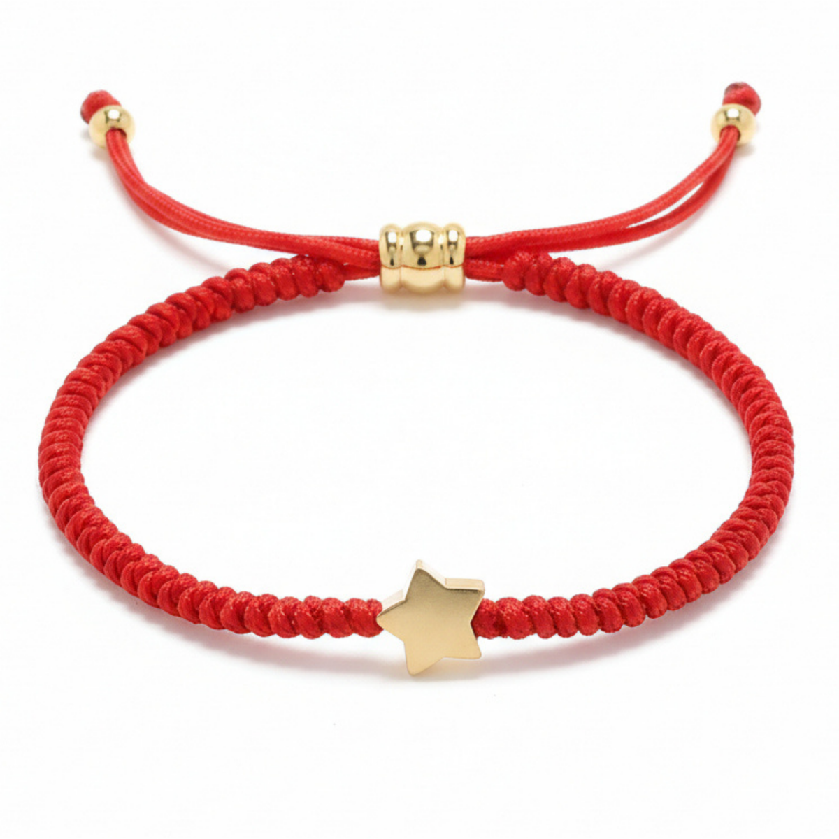 A red braided cord bracelet featuring a prominent gold-colored star charm and adjustable gold-toned beads on a clean white background