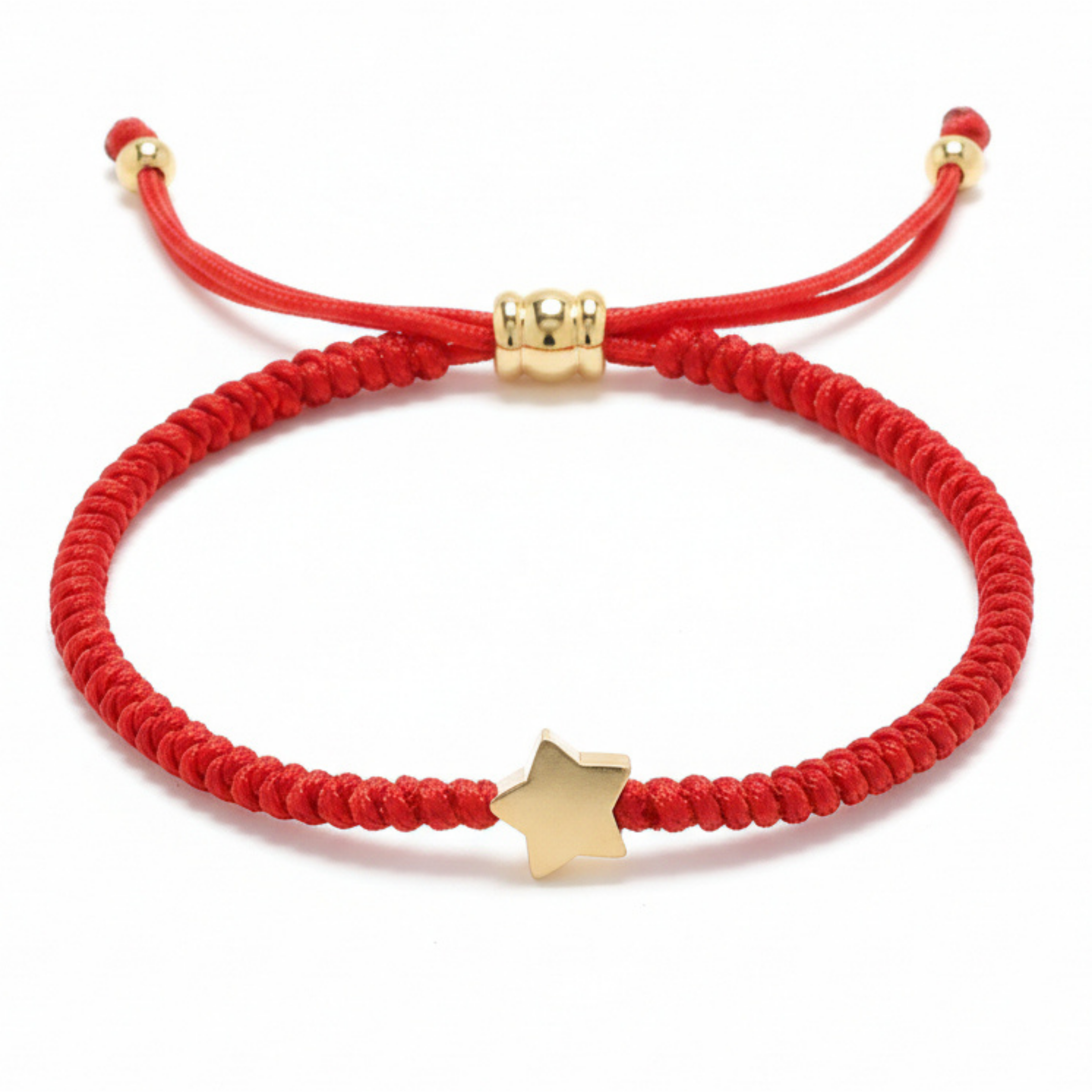 A red braided cord bracelet featuring a prominent gold-colored star charm and adjustable gold-toned beads on a clean white background