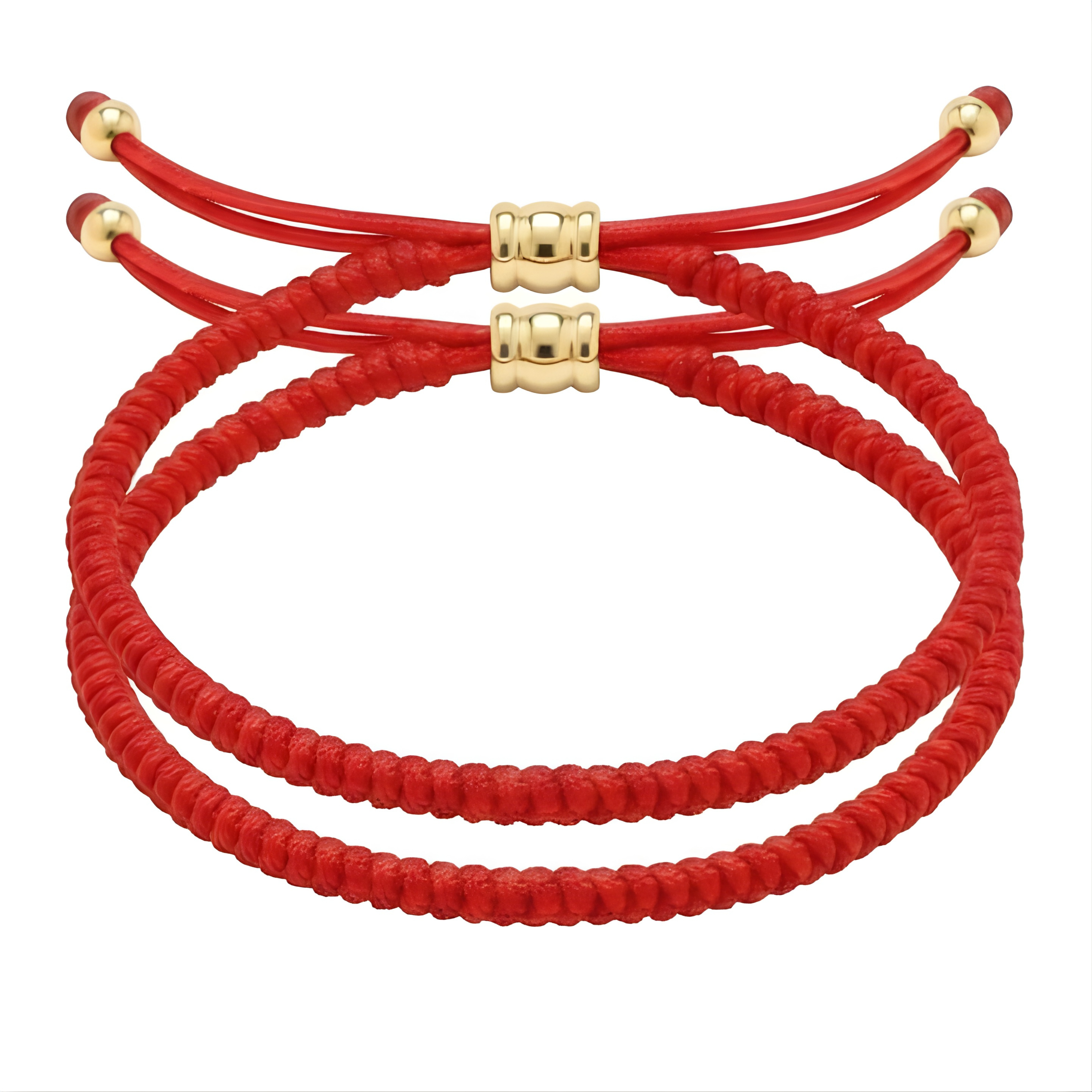 Braided string jewelry featuring two vibrant red bracelets with gold-toned adjustable sliders and decorative end beads