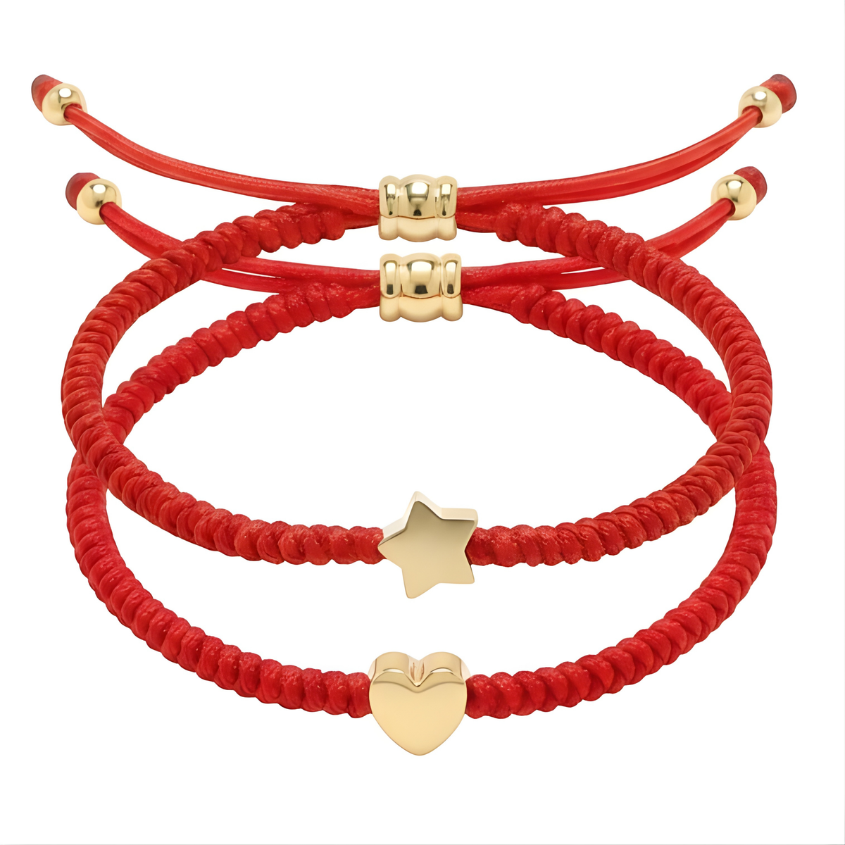 Two red braided string bracelets featuring gold-toned adjustable closures, one with a polished gold star charm and the other with a polished gold heart charm