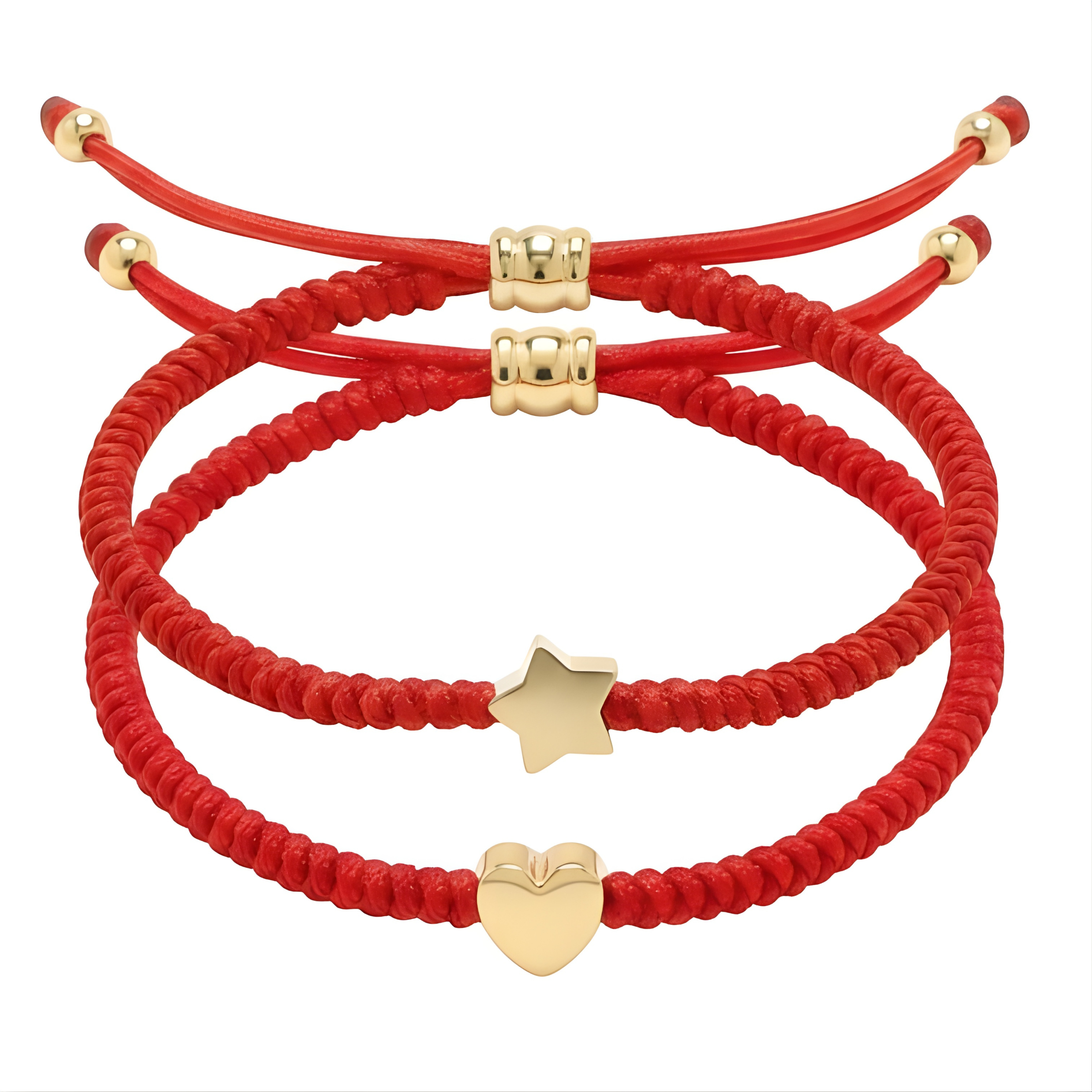 Two red braided string bracelets featuring gold-toned adjustable closures, one with a polished gold star charm and the other with a polished gold heart charm