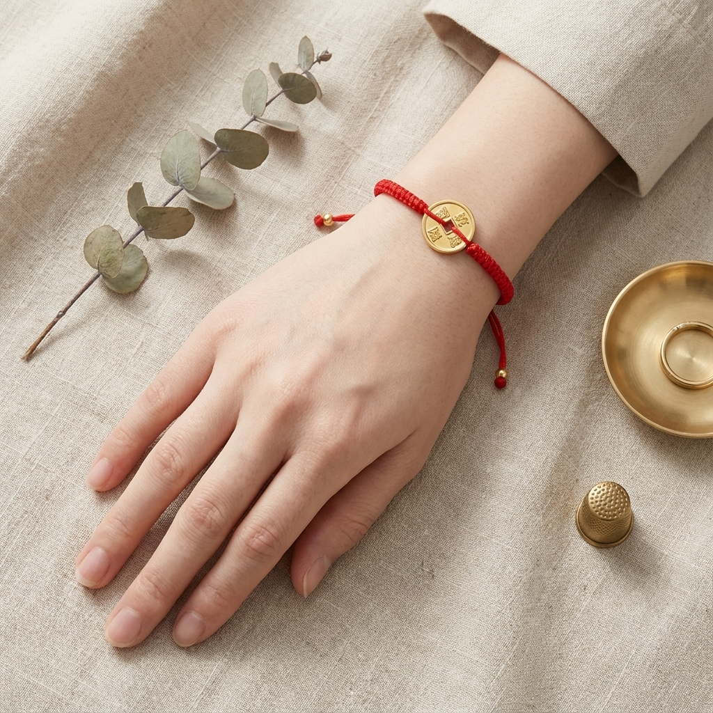 A hand wearing a red braided string bracelet with a gold coin charm displaying Chinese characters rests on a neutral linen surface next to a dried eucalyptus branch, a brass thimble, and a small brass dish holding a gold ring