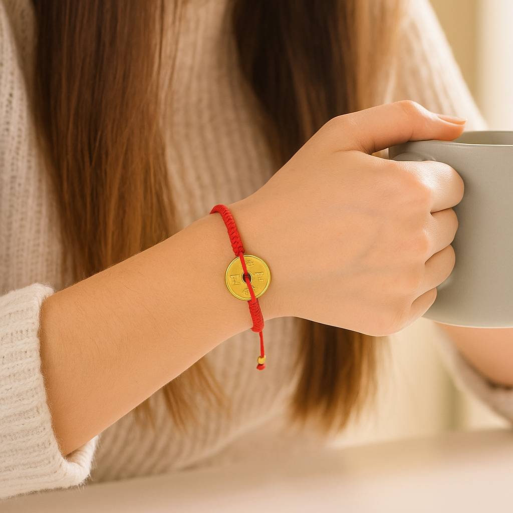 Photography of a person's arm wearing a vibrant red braided bracelet with a gold Chinese fortune coin charm, holding a gray mug