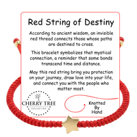 Digital image by Cherry Tree Collection showing a braided red string bracelet, known as the Red String of Destiny, featuring a gold star charm and a white card explaining its meaning and Knotted By Hand detail on a white background