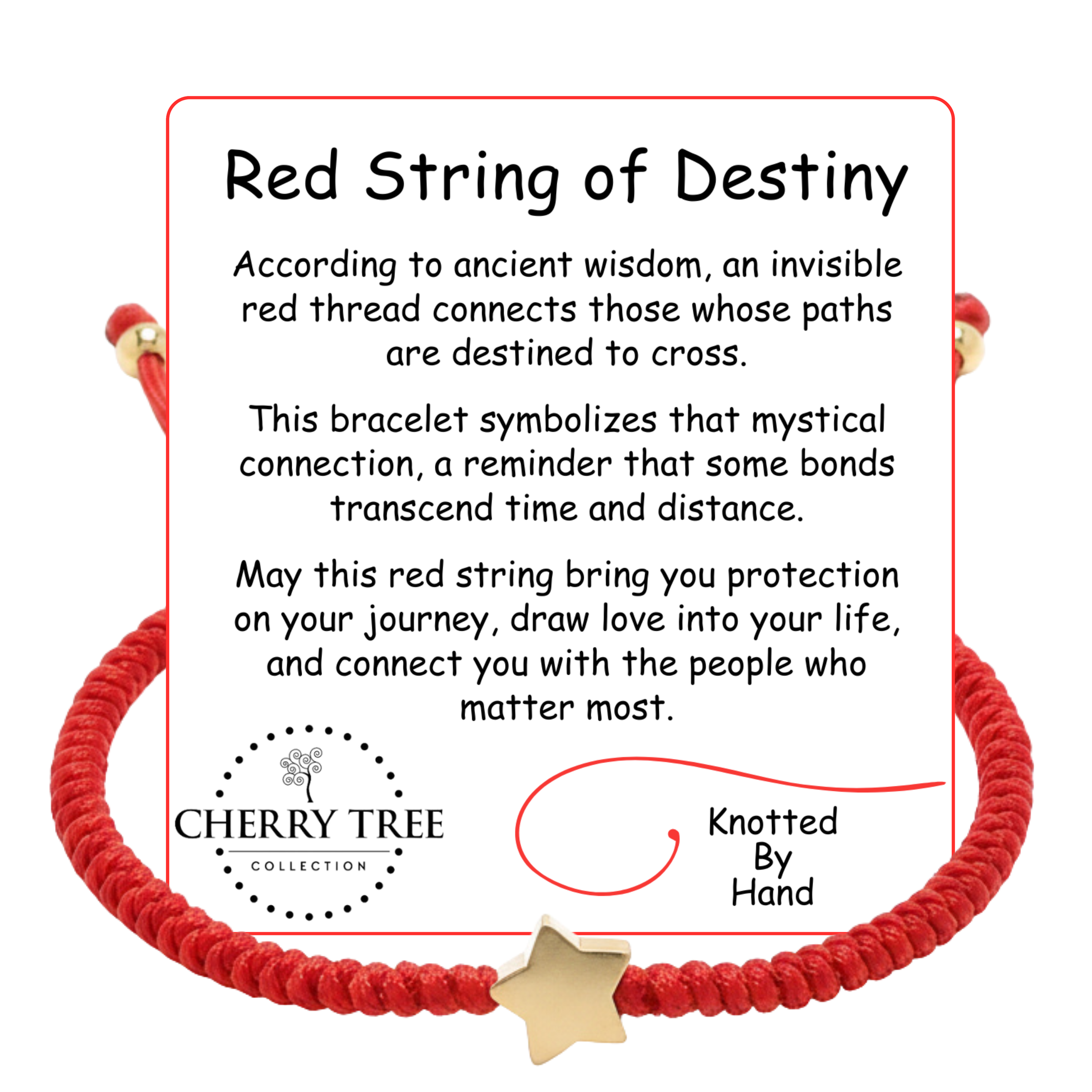 Digital image by Cherry Tree Collection showing a braided red string bracelet, known as the Red String of Destiny, featuring a gold star charm and a white card explaining its meaning and Knotted By Hand detail on a white background