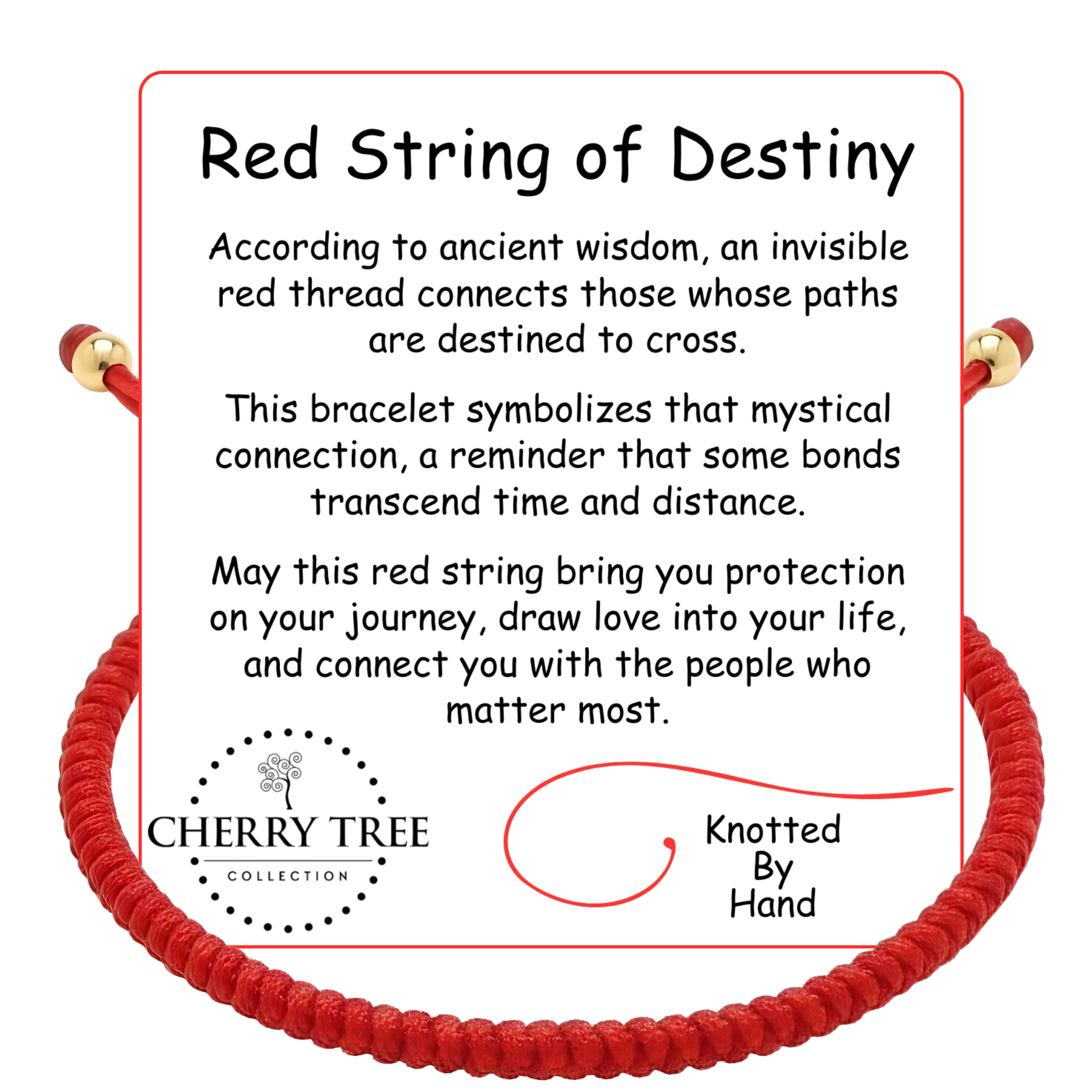 A product image features a vibrant red string bracelet with shiny gold accent beads, alongside descriptive text explaining the 'Red String of Destiny' symbolism for protection and love, prominently displaying the Cherry Tree Collection logo and 'Knotted By Hand' text on a clean white background