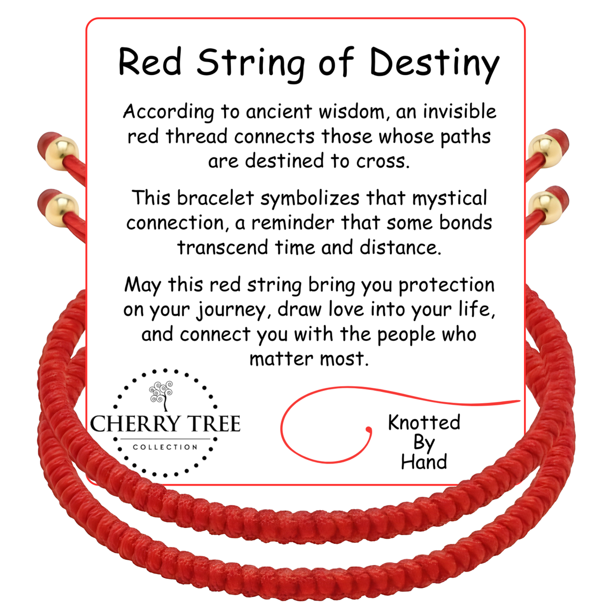 Graphic design by Cherry Tree Collection for the Red String of Destiny bracelet, featuring a vibrant red braided cord with gold beads displayed on a white card, accompanied by text detailing its meaning and "Knotted By Hand" crafting