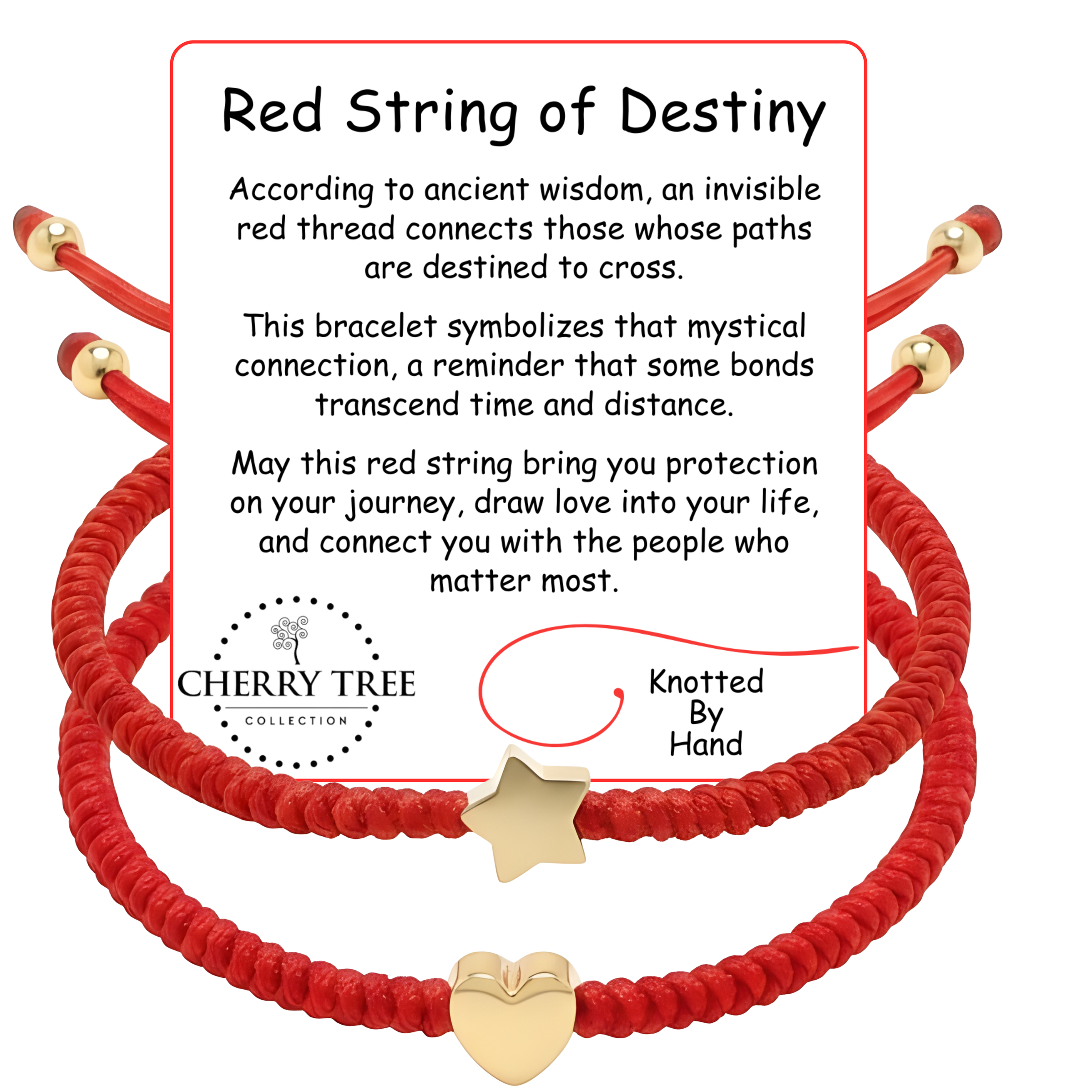 Product photography by Cherry Tree Collection featuring two hand-knotted red string bracelets with gold star and heart charms displayed next to a white information card detailing the Red String of Destiny symbolism