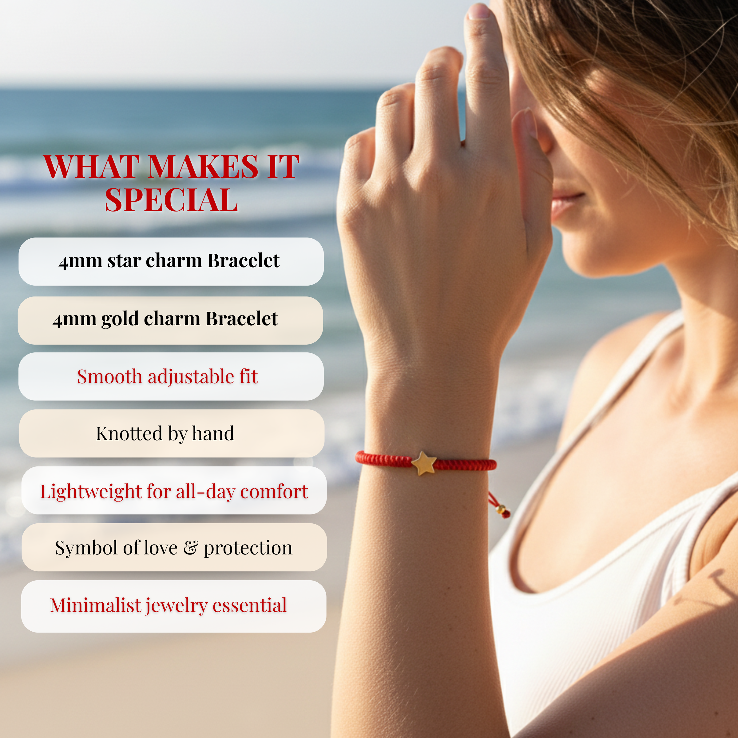 Photography featuring a woman's arm displaying a bright red knotted string bracelet with a golden star charm, set against a blurred beach and ocean backdrop