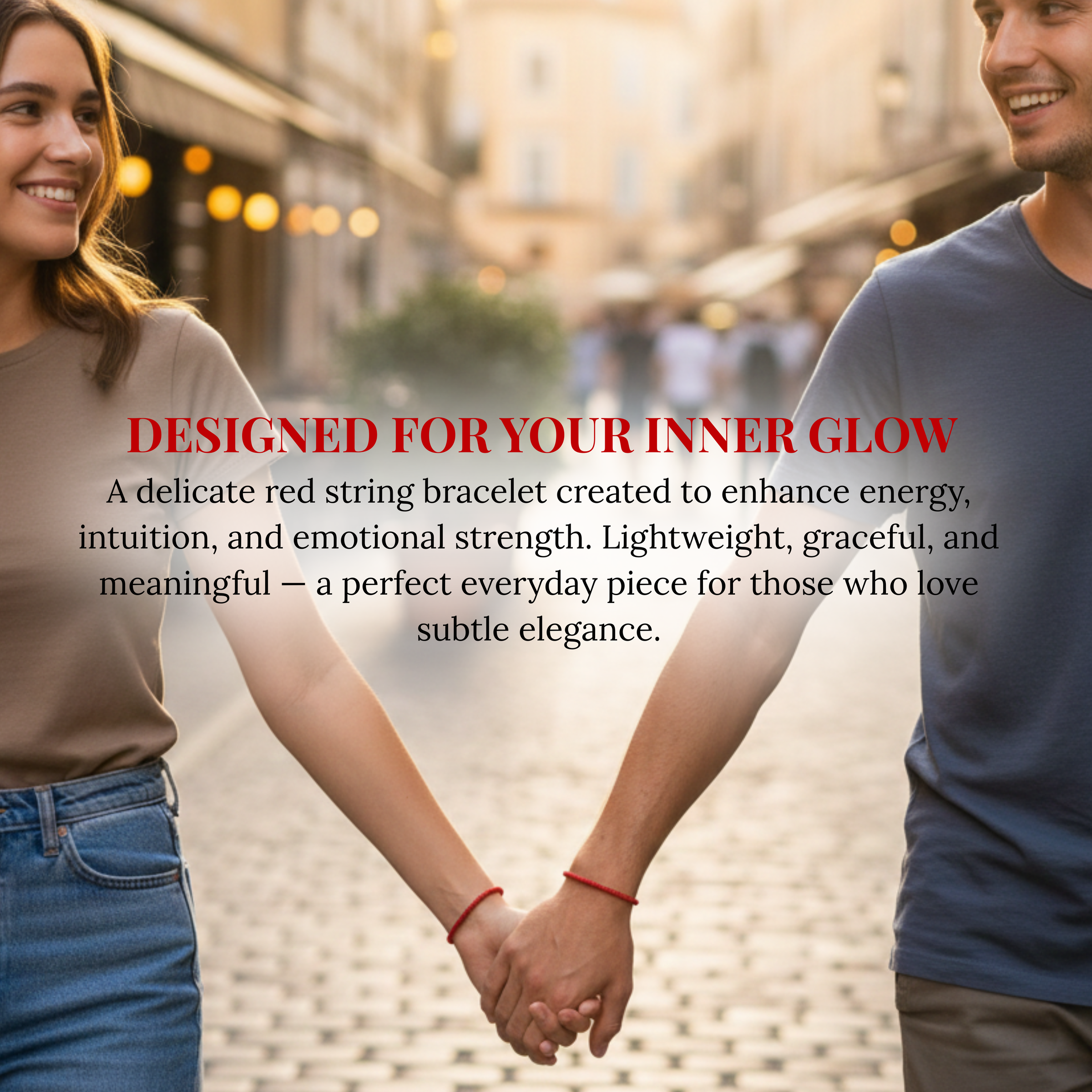 Photograph of a smiling couple holding hands and wearing identical thin red string bracelets while walking down a charming cobblestone street with a warm blurred background