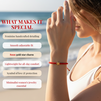 Photograph of a woman with long brown hair on a sunny beach, wearing a red braided bracelet with a gold star charm, overlaid with the title WHAT MAKES IT SPECIAL and descriptive text bubbles highlighting feminine handcrafted detailing and 8mm gold star charm