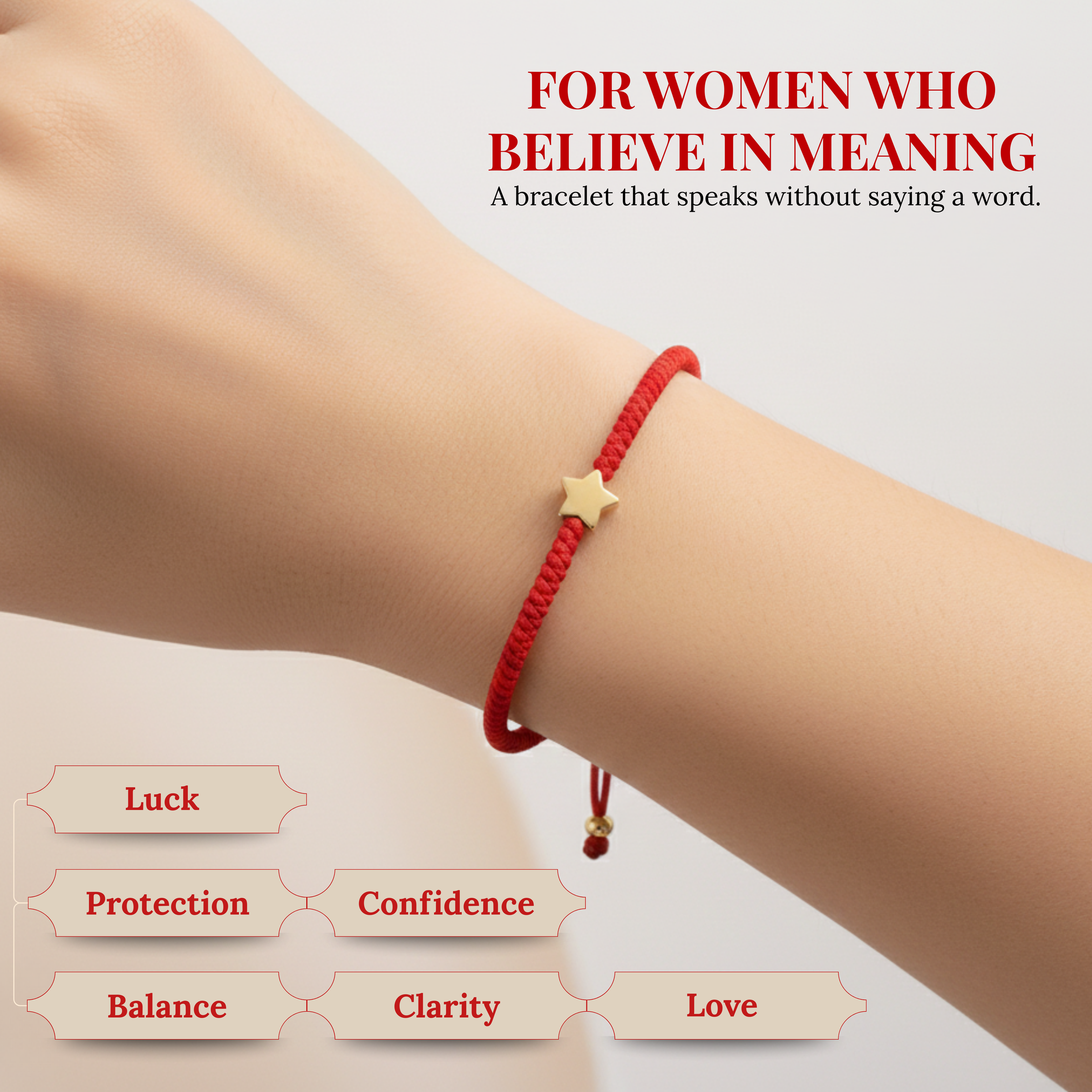 Product photograph of a woman's wrist wearing a red string bracelet with a gold star charm, on a light background displaying the headline 'FOR WOMEN WHO BELIEVE IN MEANING' and accompanying keywords Luck Protection Confidence Balance Clarity Love
