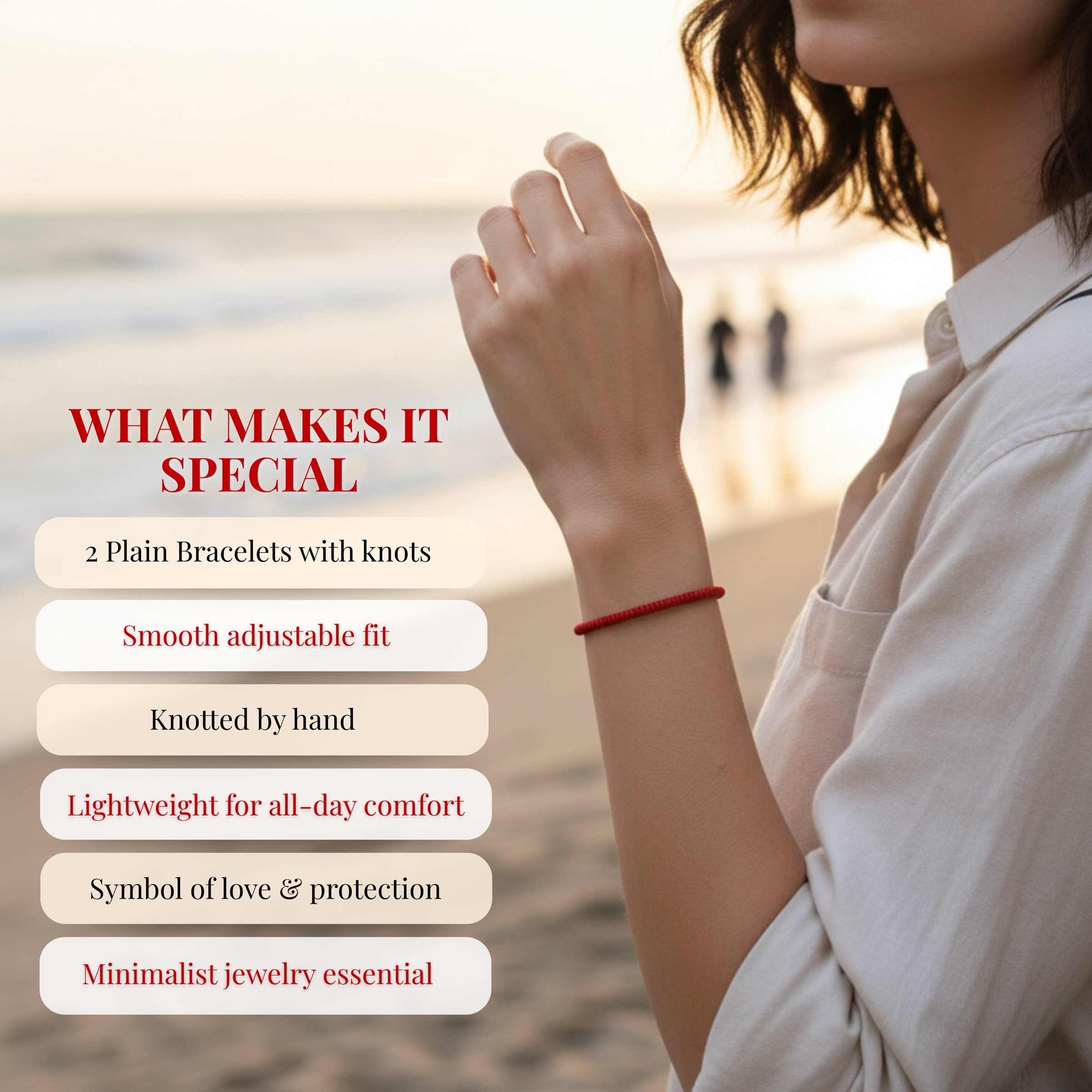 Photograph of a woman's arm wearing a vibrant red knotted minimalist bracelet against a golden sunset beach background with blurred figures in the distance