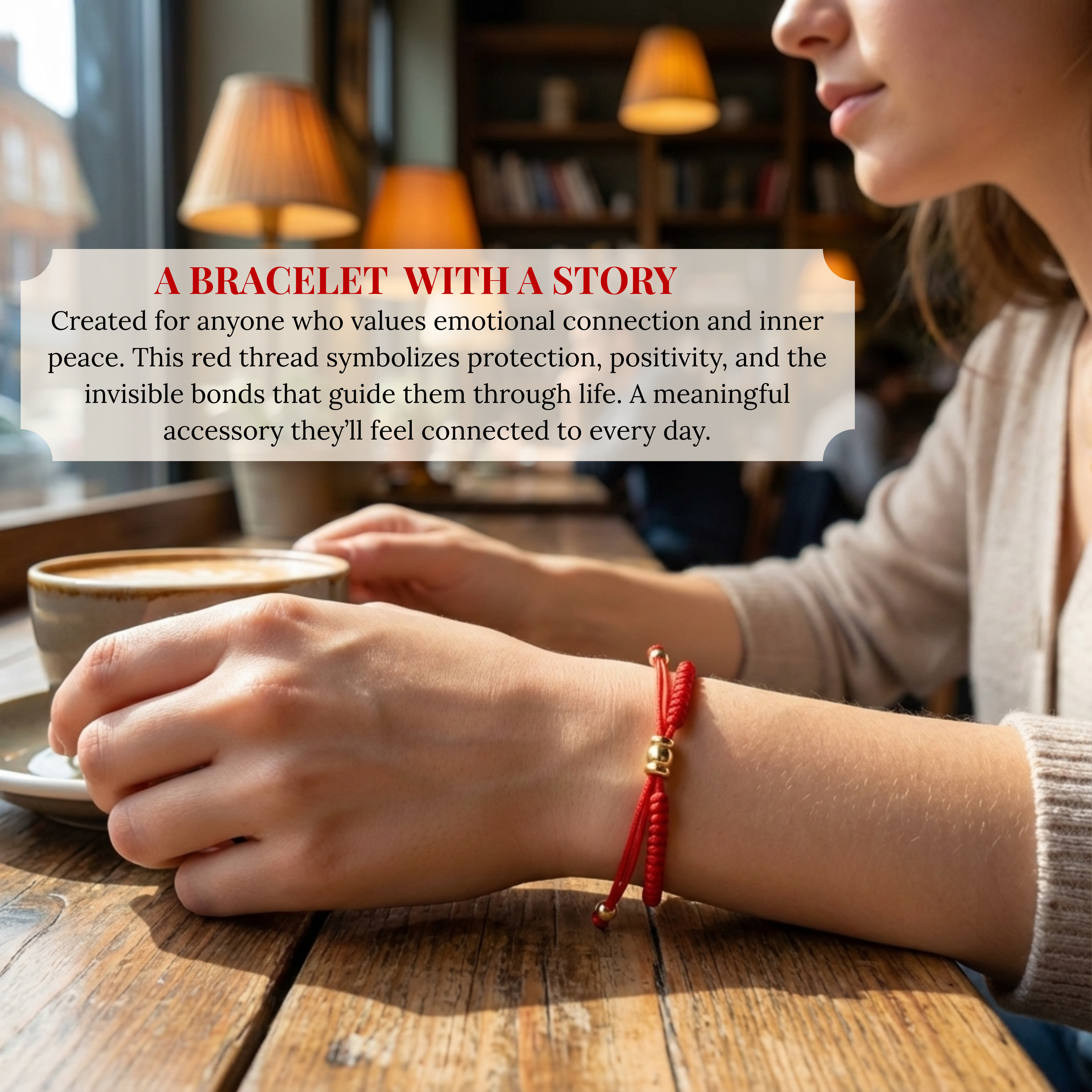 Photograph of a woman's hands on a rustic wooden table in a warm cafe, featuring a red braided bracelet with gold accents on her right wrist, a latte in a stoneware cup, and a blurred background of lamps and bookshelves