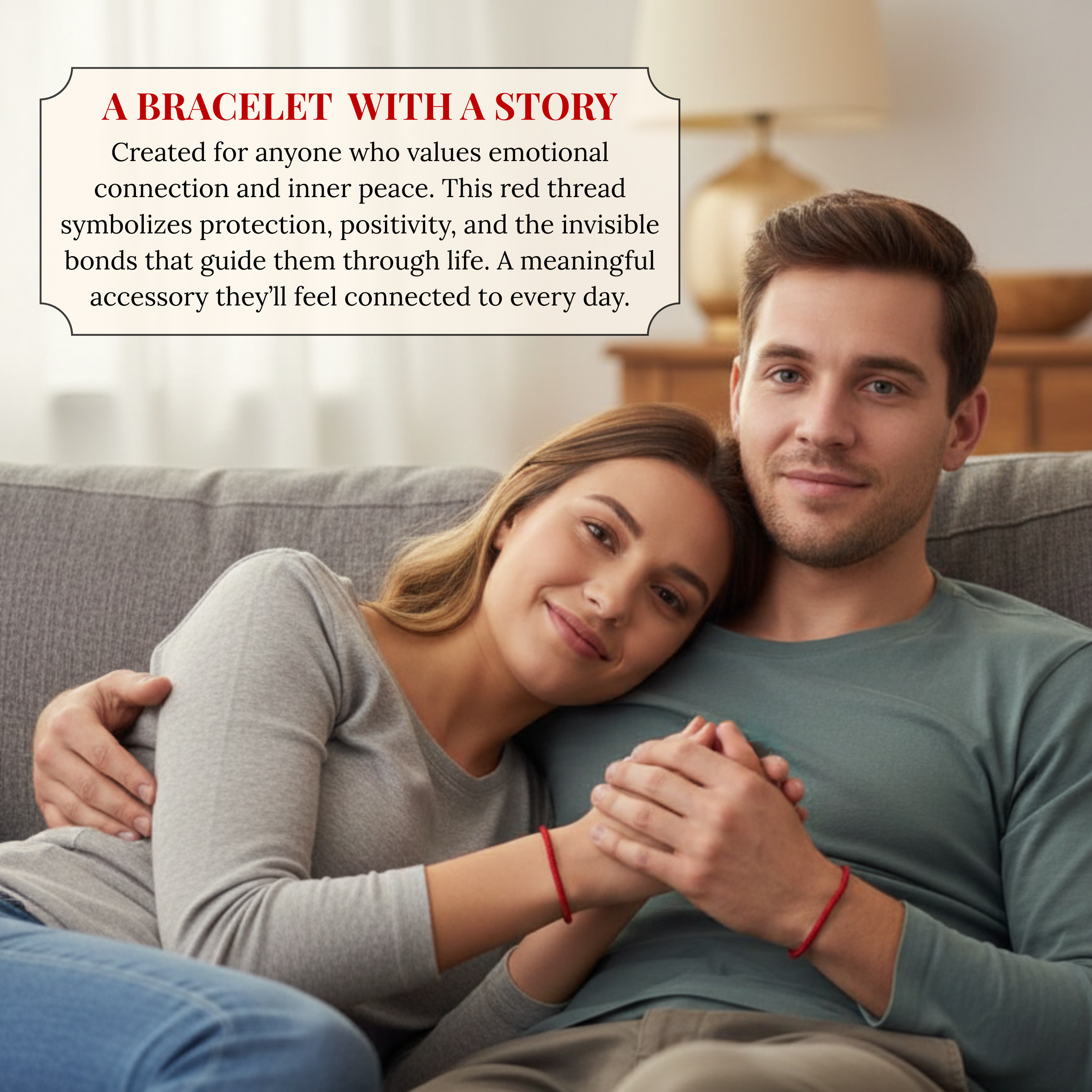 Photograph of a smiling young couple relaxing on a gray sofa in a warm living room, the woman leaning on the man's shoulder and holding hands, both wearing matching red thread bracelets on their left wrists