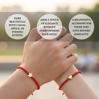 Photograph showing two hands wearing red string bracelets with gold star and heart charms, presented against a soft blurred background, featuring promotional text that highlights their versatility for casual, office, or evening outfits, elegant style, and appeal for refined simplicity