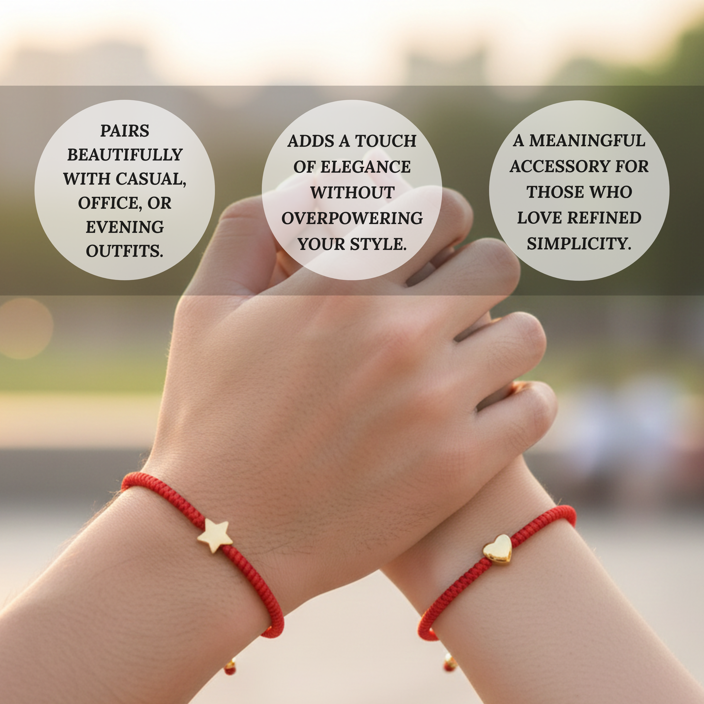Photograph showing two hands wearing red string bracelets with gold star and heart charms, presented against a soft blurred background, featuring promotional text that highlights their versatility for casual, office, or evening outfits, elegant style, and appeal for refined simplicity