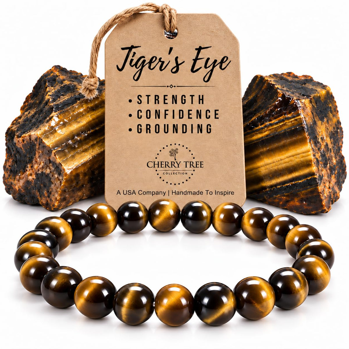 Tiger's Eye stretch bracelet with raw tiger's eye stone chunks and a Cherry Tree Collection properties tag listing strength, confidence, and grounding