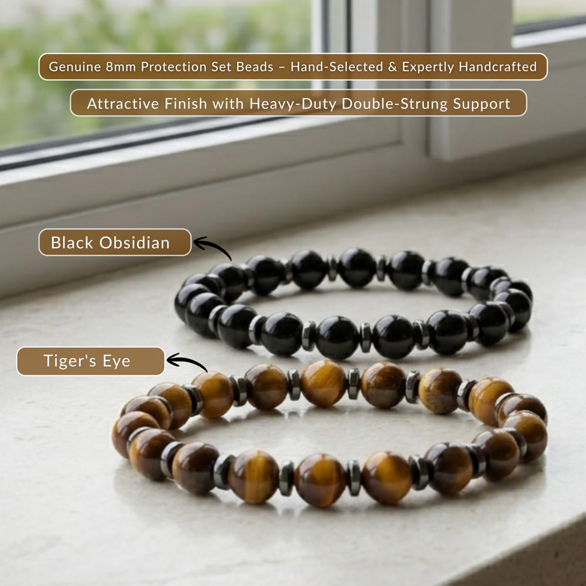 Protection Bracelet Set of 2, 8mm (Tiger's Eye & Black Obsidian)