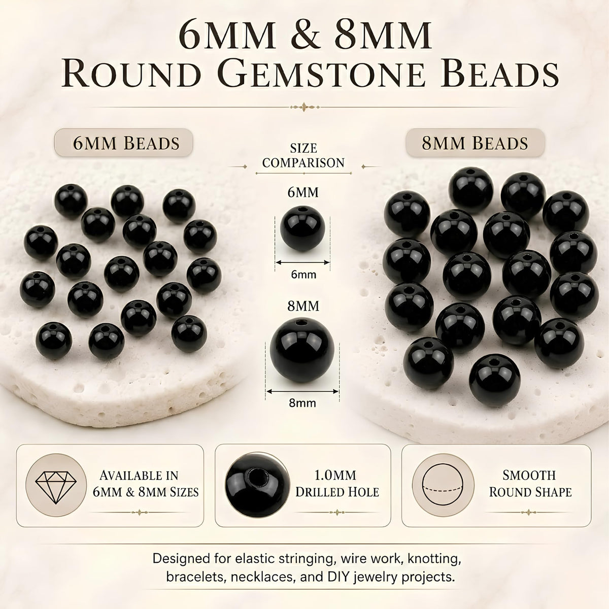 Black Tourmaline Round Beads, 100 pcs