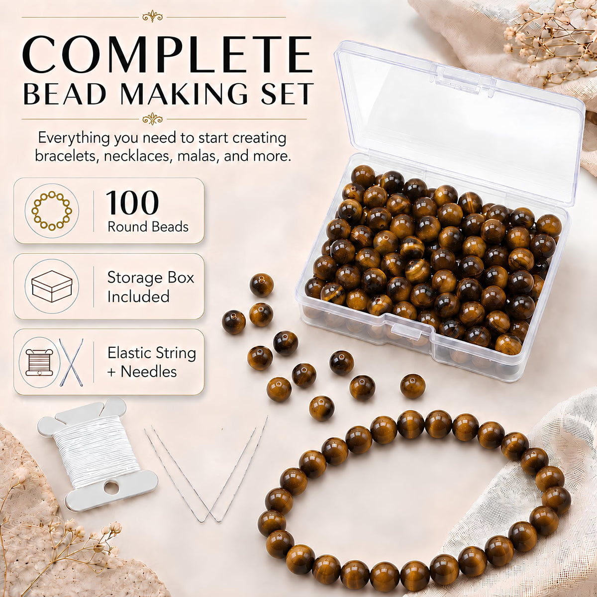 Tiger's Eye Round Beads, 100 pcs