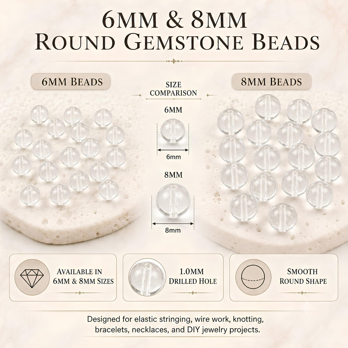 Clear Quartz Round Beads, 100 pcs