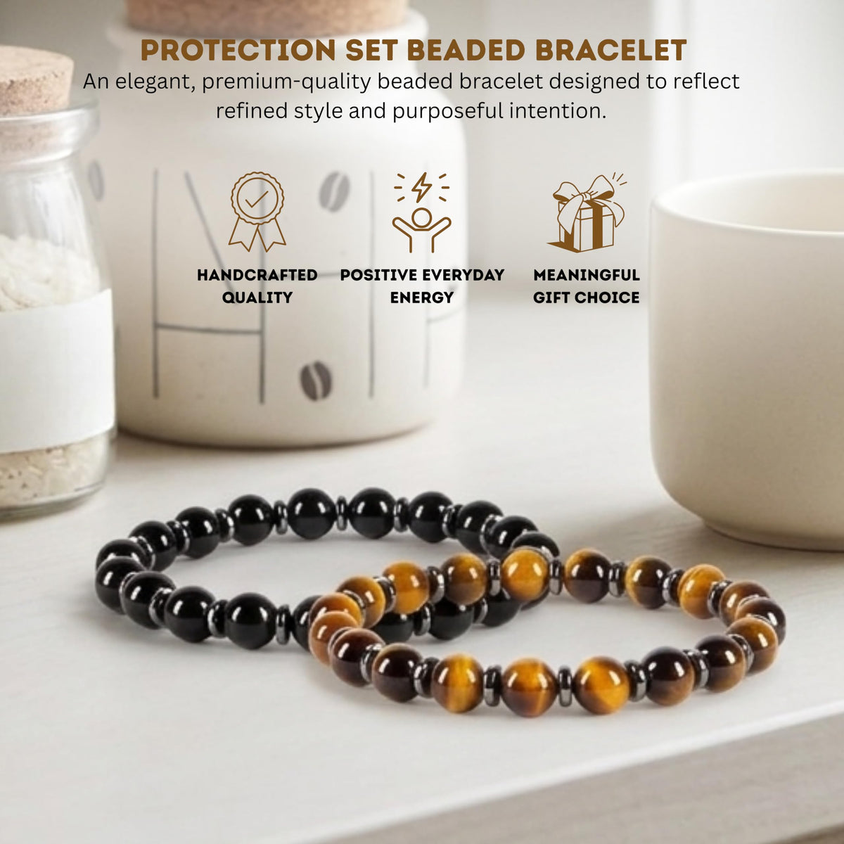 Protection Bracelet Set of 2, 8mm (Tiger's Eye & Black Obsidian)