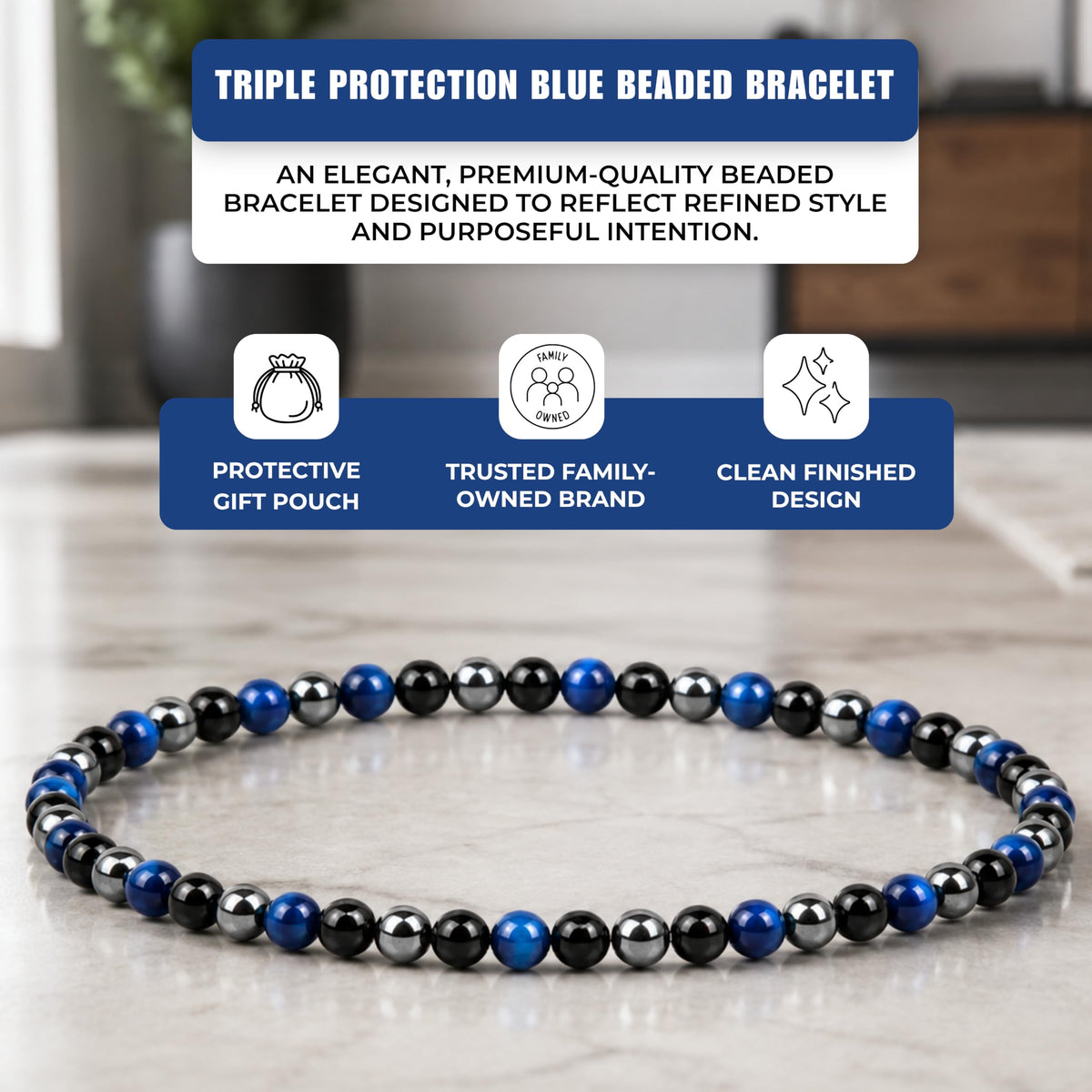 Triple Protection Blue 4mm Stretch Bracelet