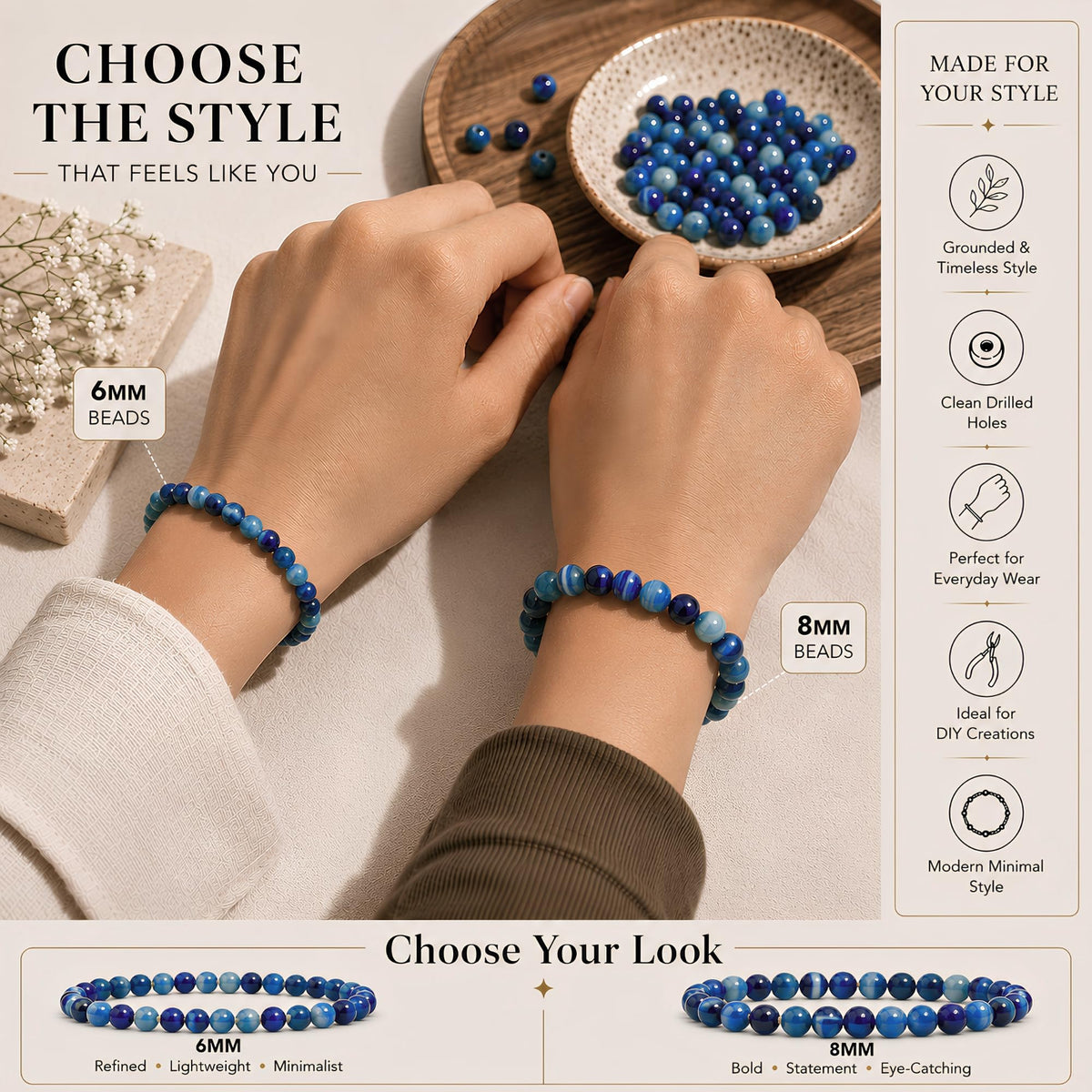 Lace Agate (Blue) Round Beads, 100 pcs