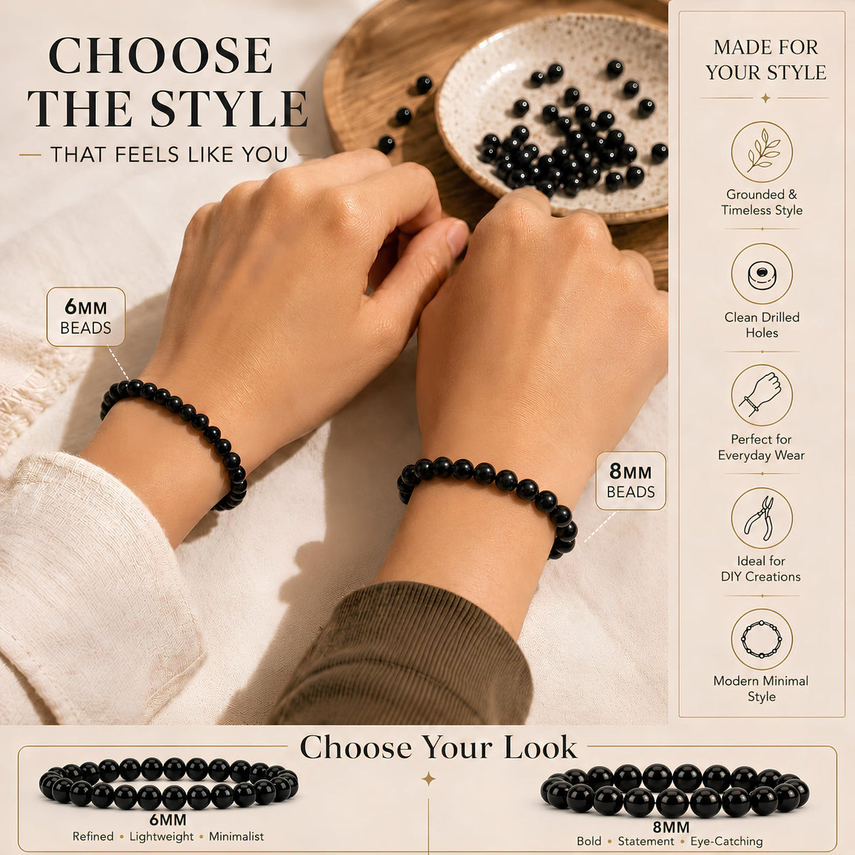 Black Tourmaline Round Beads, 100 pcs