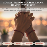 Photograph featuring two hands clasped, each wearing a red thread bracelet, against a soft warm bokeh background, with prominent white overlay text about unbreakable bonds and smaller text explaining the red thread's symbolism for loyalty, trust, and promise, further detailed by tags Symbolic Stylish Protective Thoughtful