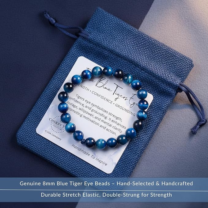 Cherry Tree Collection | Stretch Bracelet | 8mm Beads (Jade Blue Tiger's Eye)