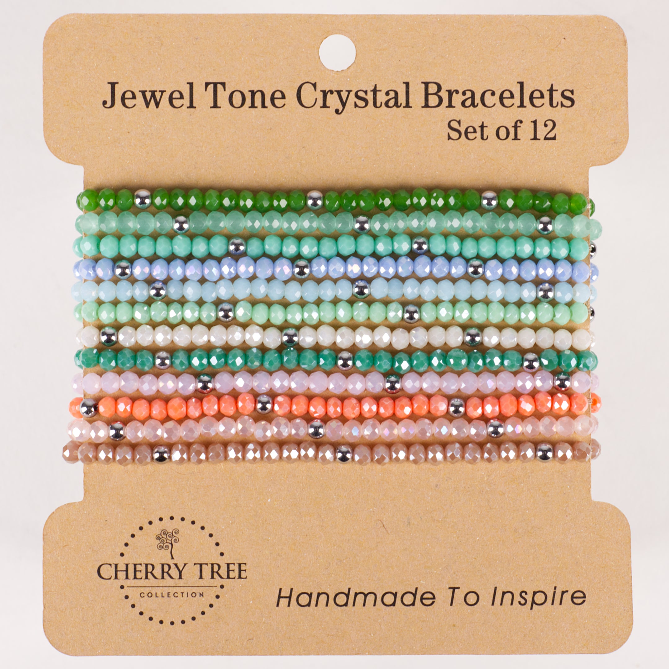 Cherry Tree Collection's Jewel Tone Crystal Bracelets set of 12 on a craft paper hang card with the brand logo and Handmade To Inspire text showcasing faceted crystal beads, metallic silver spacers, and a vibrant spectrum of green, blue, purple, and orange shades