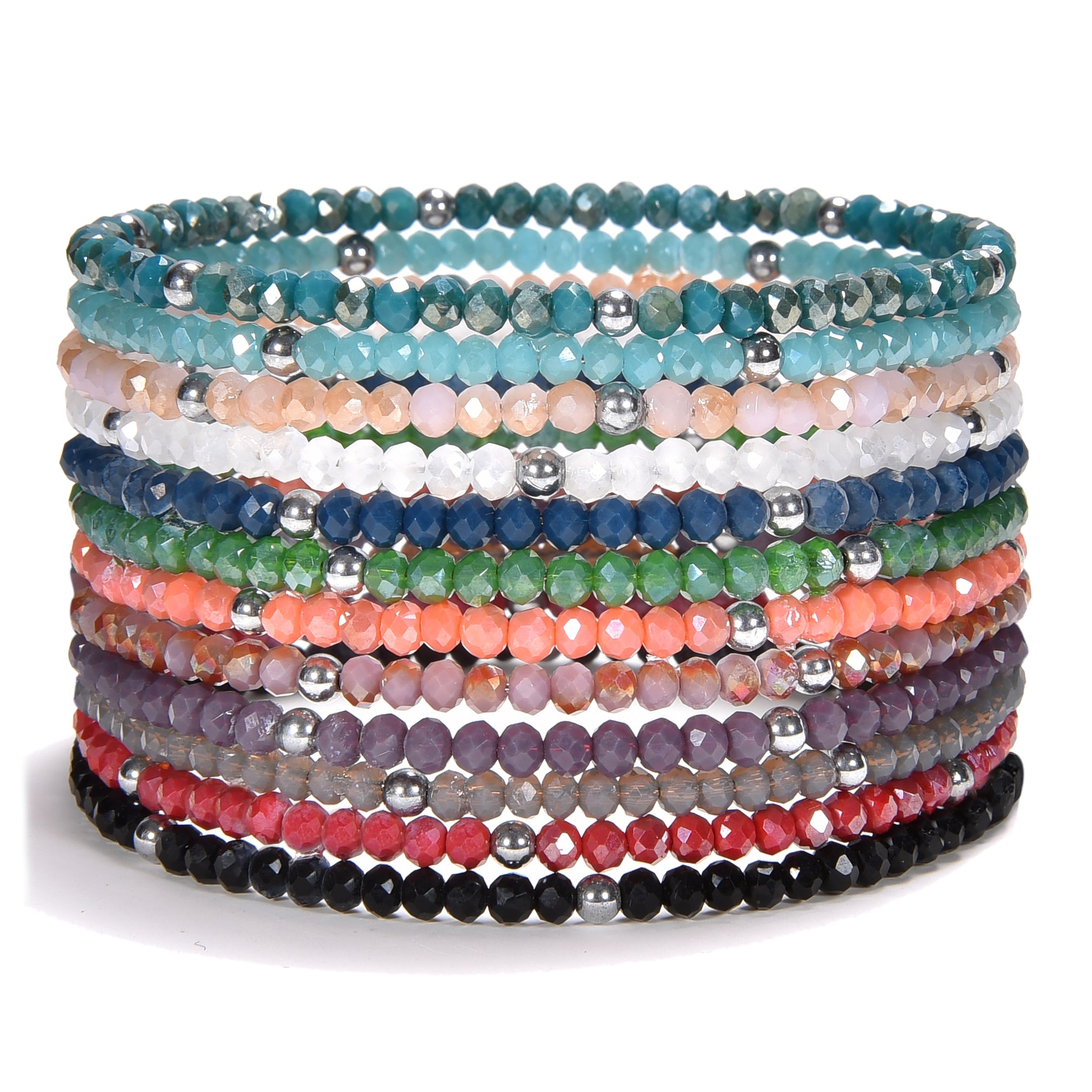 A stack of colorful faceted beaded bracelets featuring silver accent beads on a crisp white background