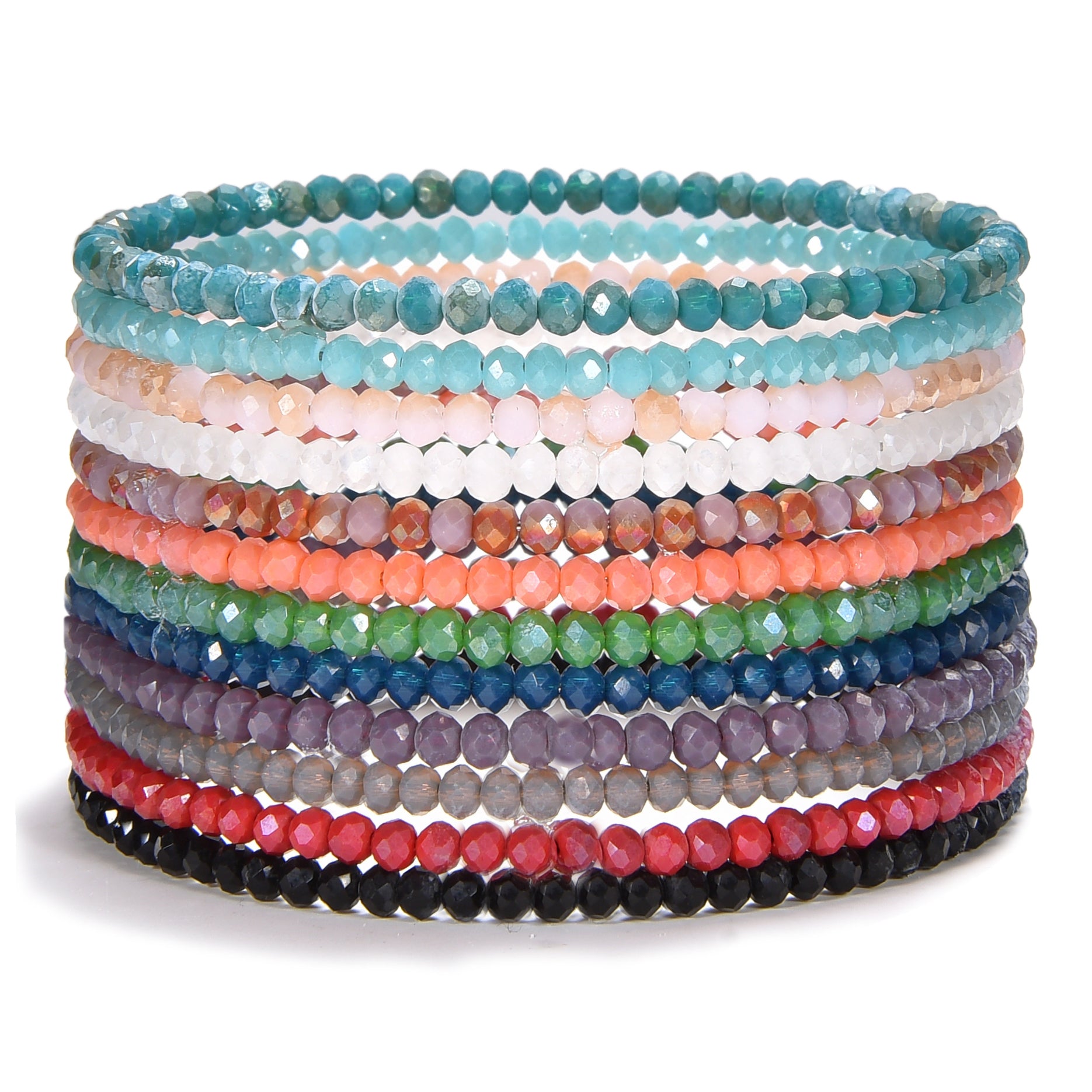 Product photography of stacked vibrant faceted glass bead bracelets showcasing a gradient of colors from teal, pink, and peach to orange, green, and deep purple on a white surface