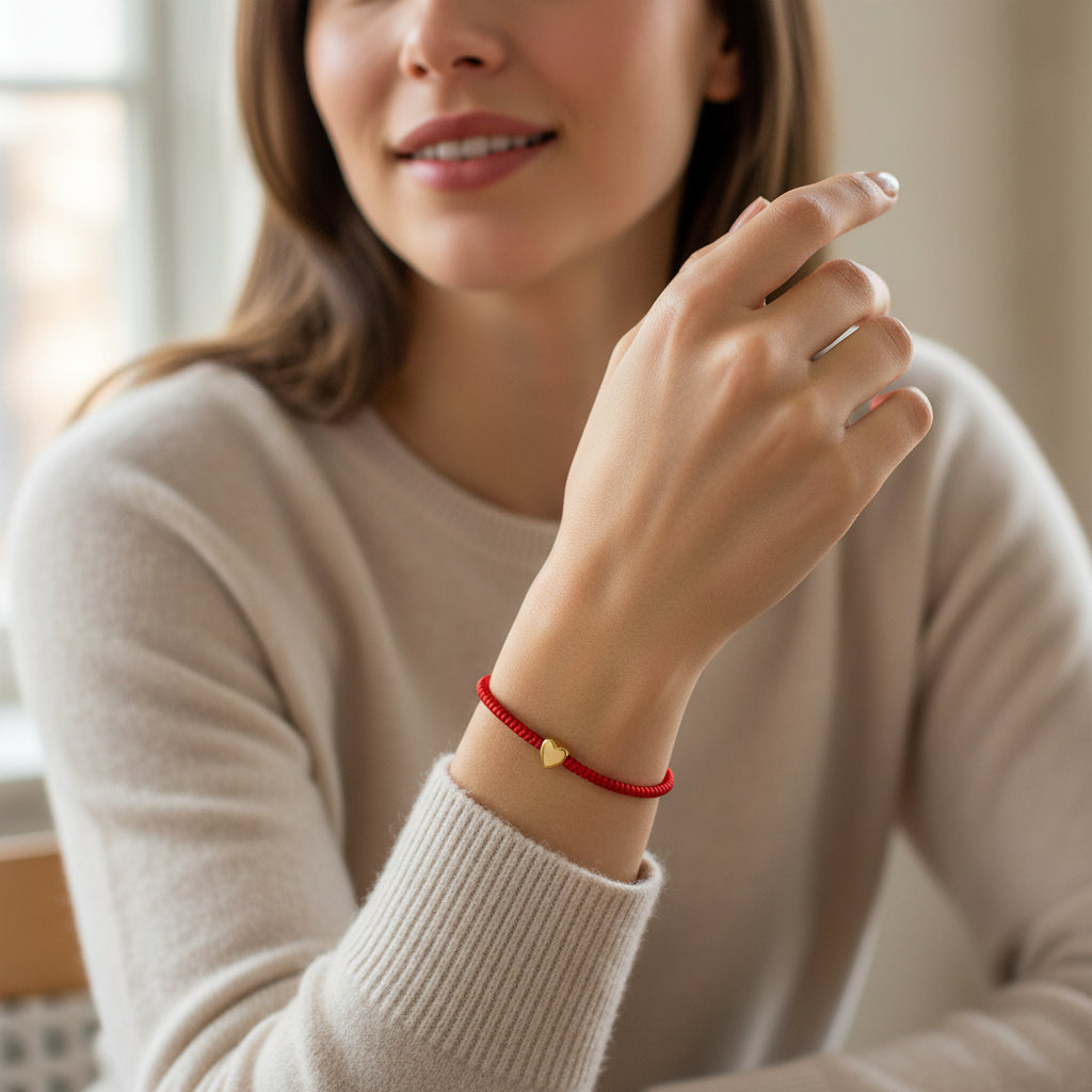 Photography of a smiling woman indoors wearing a cream knit sweater and a red braided string bracelet with a small gold heart charm