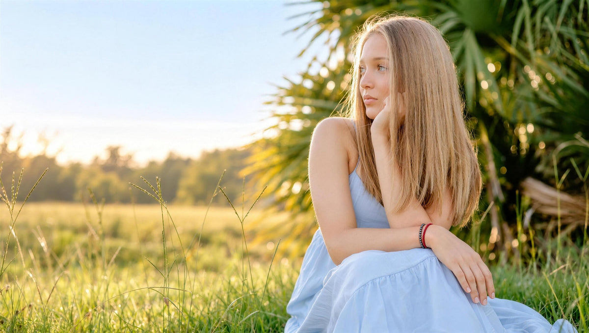 Woman in a light blue dress sitting in a sunny field wearing a hematite bead bracelet stacked with a braided red string bracelet