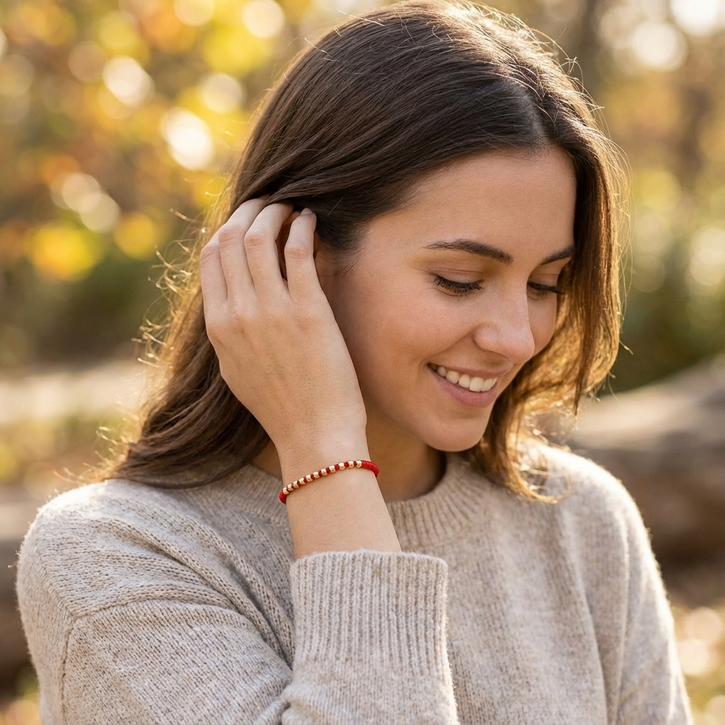 Photograph of a smiling woman with long brown hair gently touching her ear, wearing a red string bracelet with gold beads and a light knit sweater in an outdoor setting with blurred autumn foliage