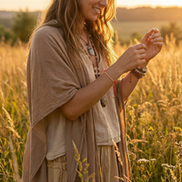 Photography of a smiling woman with long wavy hair in flowing earthy clothing backlit by warm sunset light in a field gently holding something in her hands, featuring a large stone pendant necklace and a distinctive red and white beaded bracelet