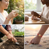 Photography, diverse individuals wearing a red string bracelet with a gold Feng Shui coin charm in various settings: enjoying tea in a sunny garden, knitting indoors, digging soil while gardening, and reaching for seashells on a sunset beach