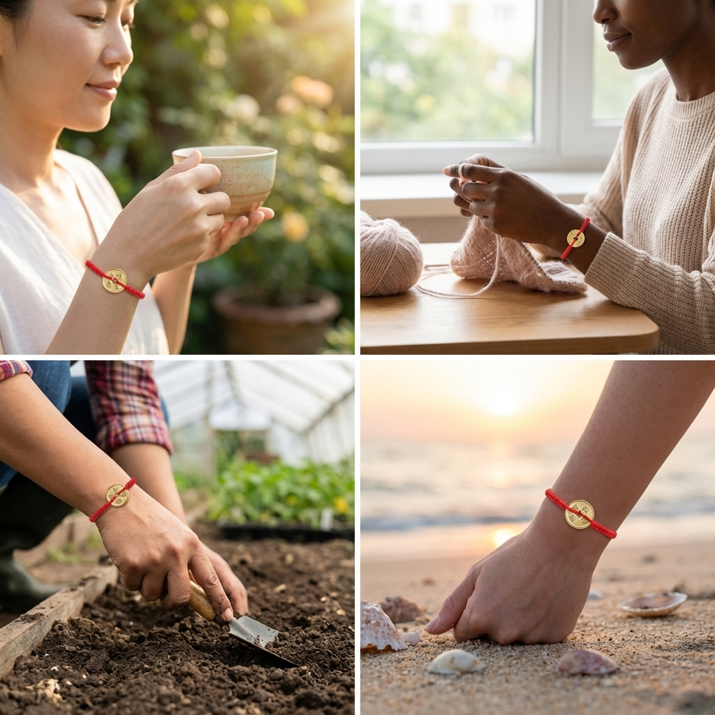 Photography, diverse individuals wearing a red string bracelet with a gold Feng Shui coin charm in various settings: enjoying tea in a sunny garden, knitting indoors, digging soil while gardening, and reaching for seashells on a sunset beach