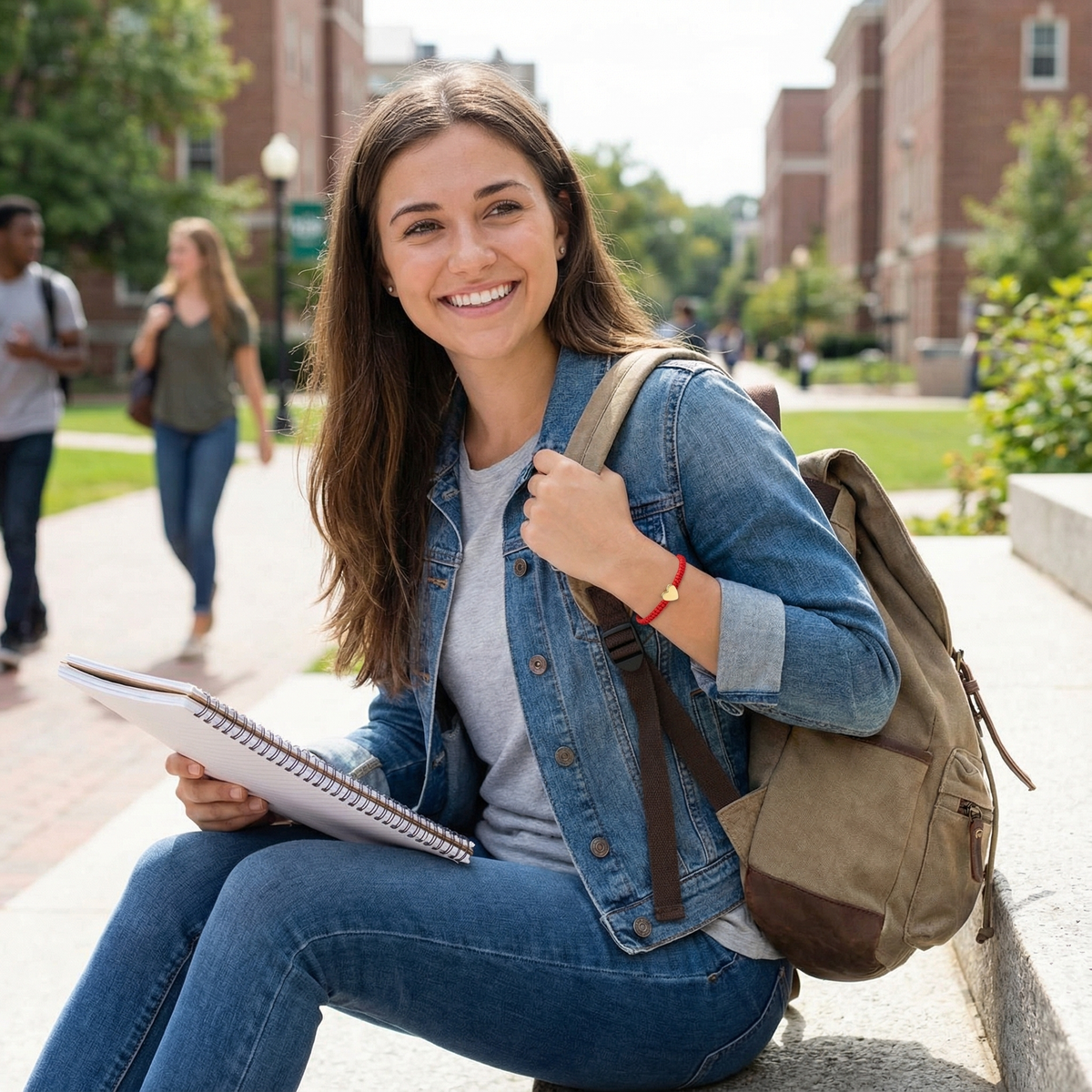 Photograph of a smiling female college student sitting on concrete steps on a sunlit university campus with brick dormitory buildings and a lamp post in the background, wearing a blue denim jacket and jeans, holding a spiral notebook, and displaying a red cord bracelet with a gold heart charm