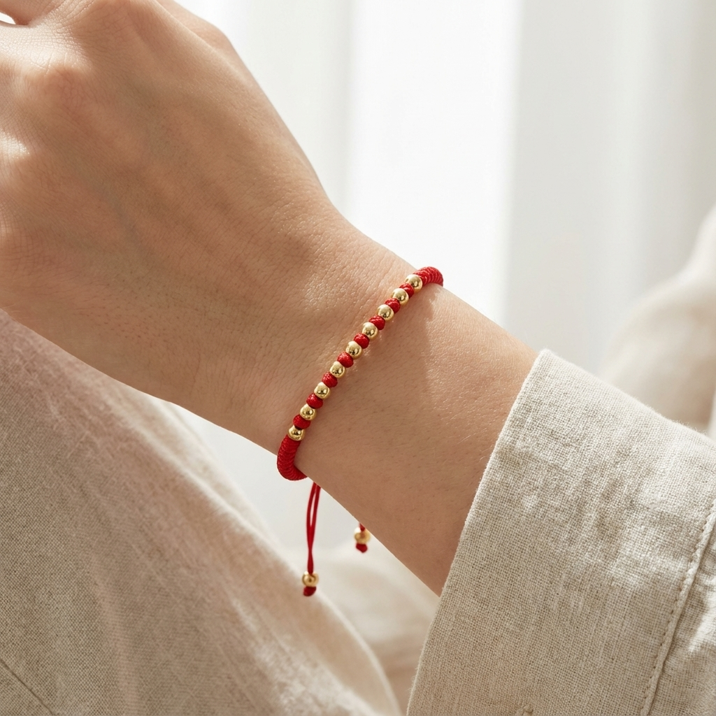 Handcrafted red braided string bracelet with shimmering gold beads and adjustable knot detailing on a person's wrist against a soft, bright background