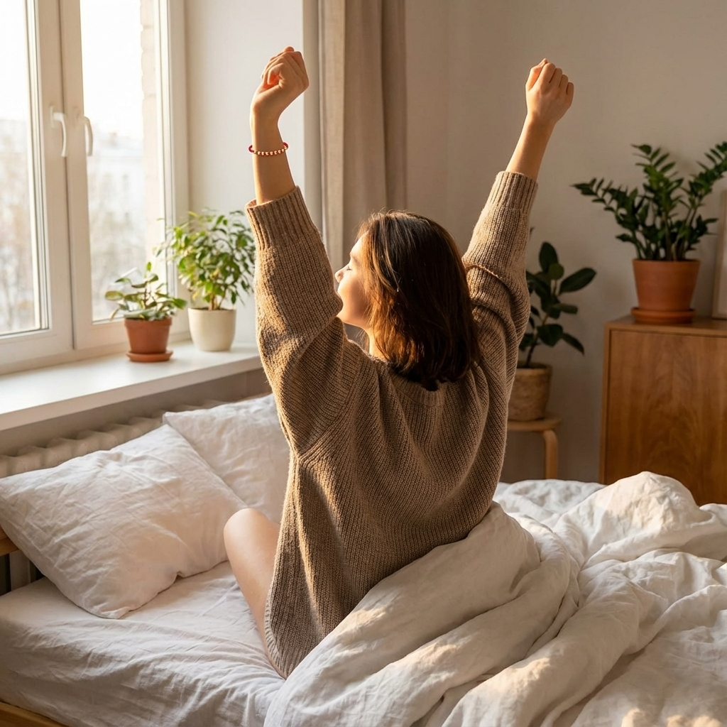 Photograph of a woman in a beige sweater stretching her arms upward in bed with sunlight streaming through a window illuminating potted green plants on the sill and a red beaded bracelet on her wrist