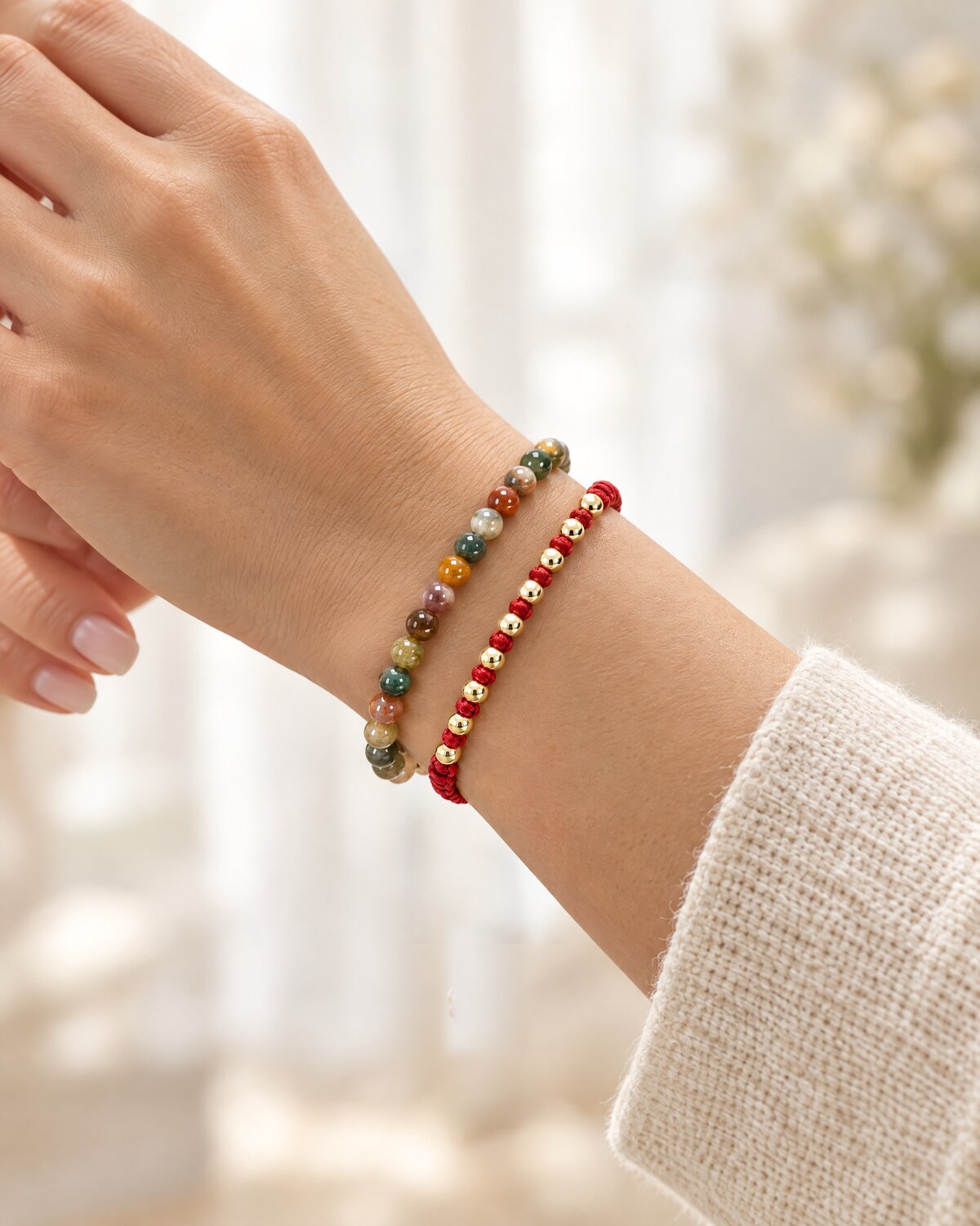 Woman wearing a 4mm Indian agate bracelet stacked with a red string bracelet with gold beads