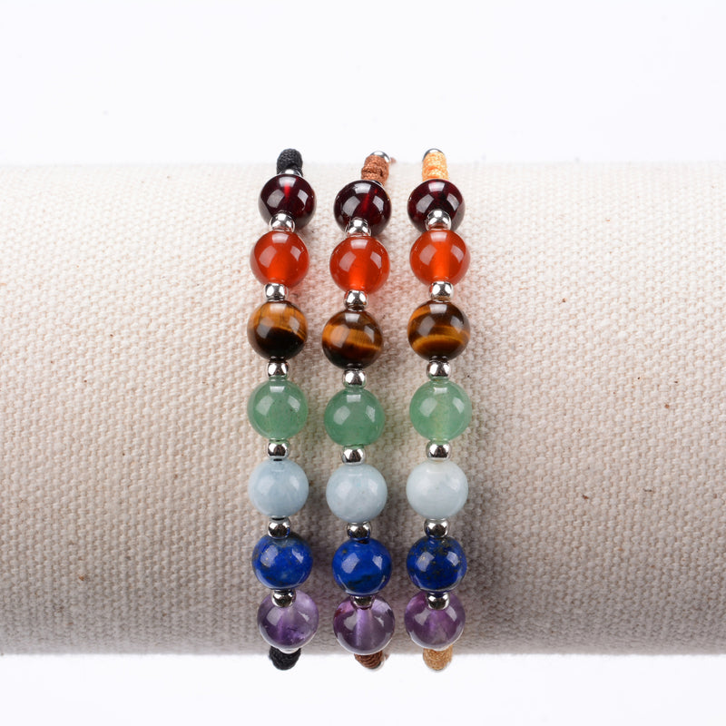 Chakra Bracelet | Adjustable Size Nylon Cord | 6mm Beads with Sterling Silver Spacers (Black)