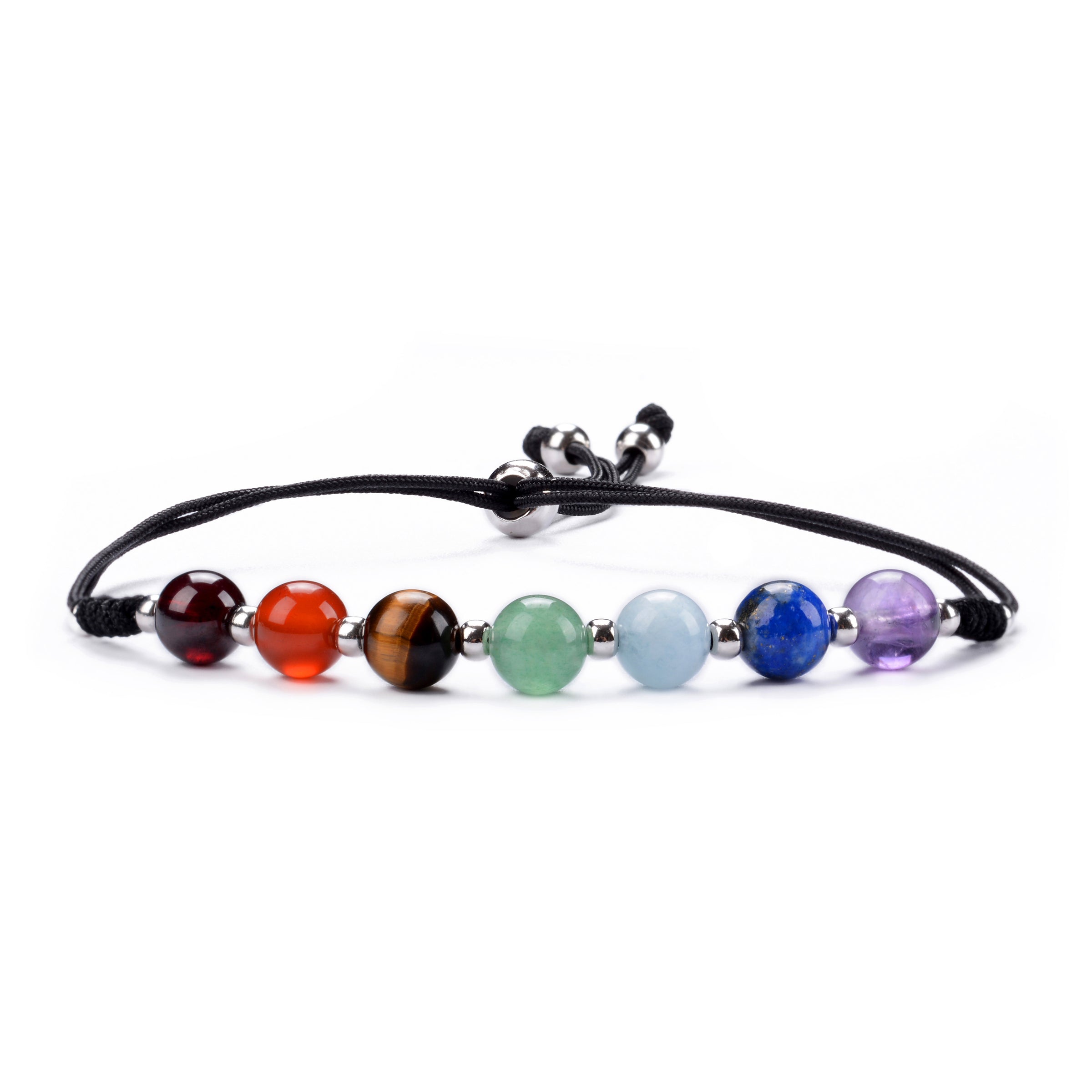 Chakra Bracelet | Adjustable Size Nylon Cord | 6mm Beads with Sterling Silver Spacers (Black) Medium