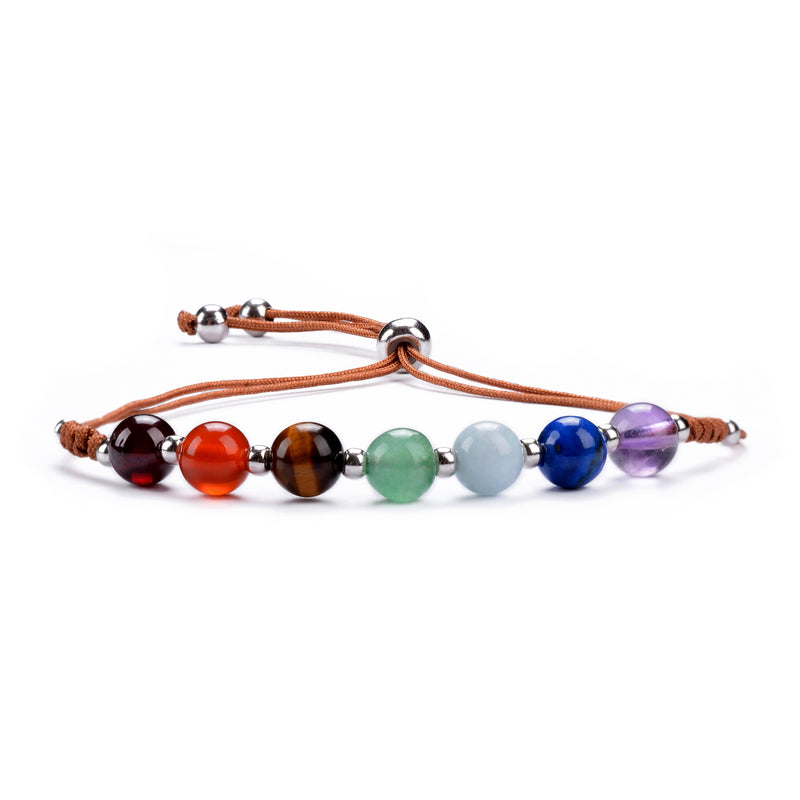 Chakra Bracelet | Adjustable Size Nylon Cord | 6mm Beads with sterling silver Spacers (Brown)