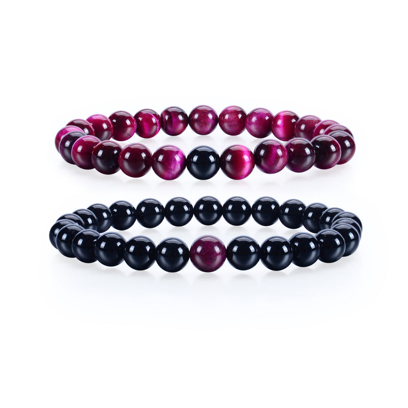 Couples Distance Stretch Bracelets | 8mm Beads (Black Agate and Pink Tiger's Eye)